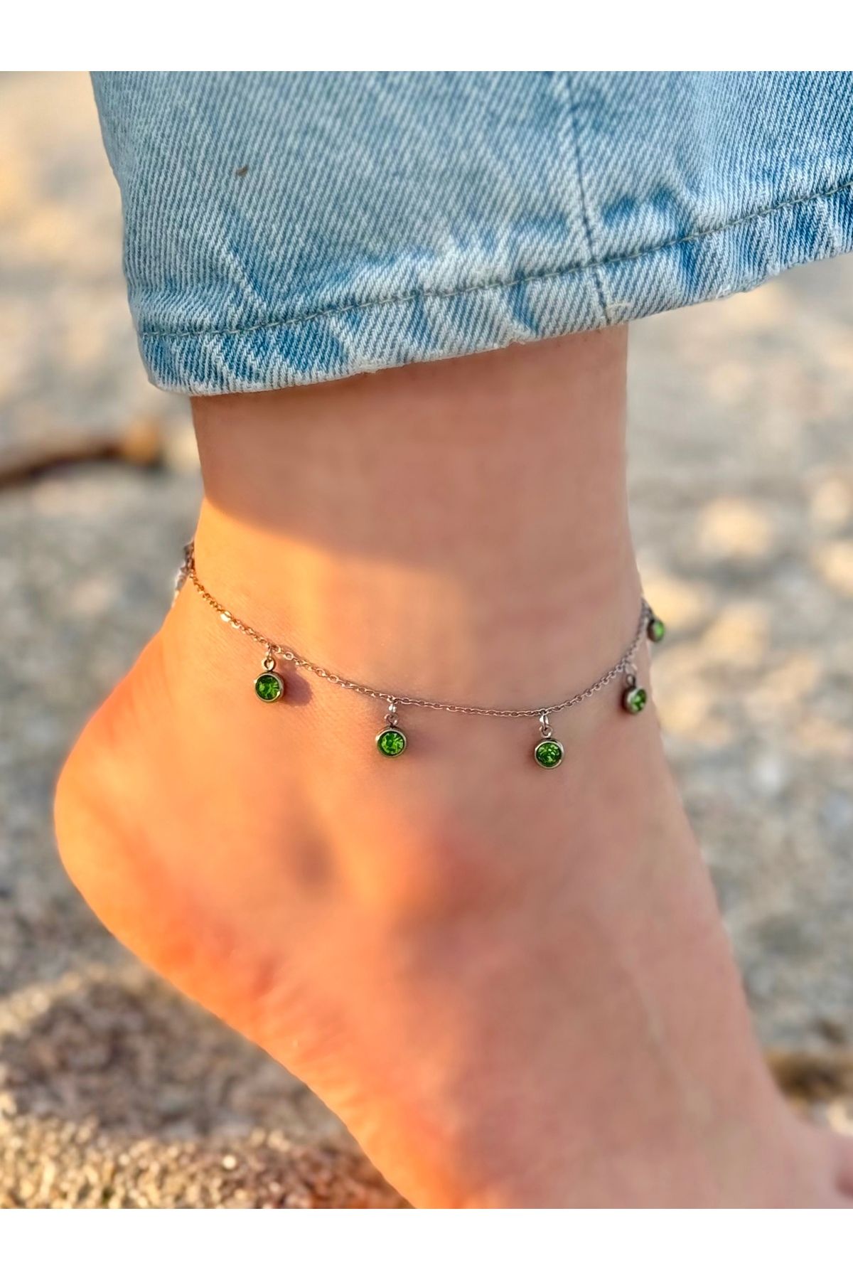 Opia JEWELRY Yeşil Taşlı Çelik Halhal
