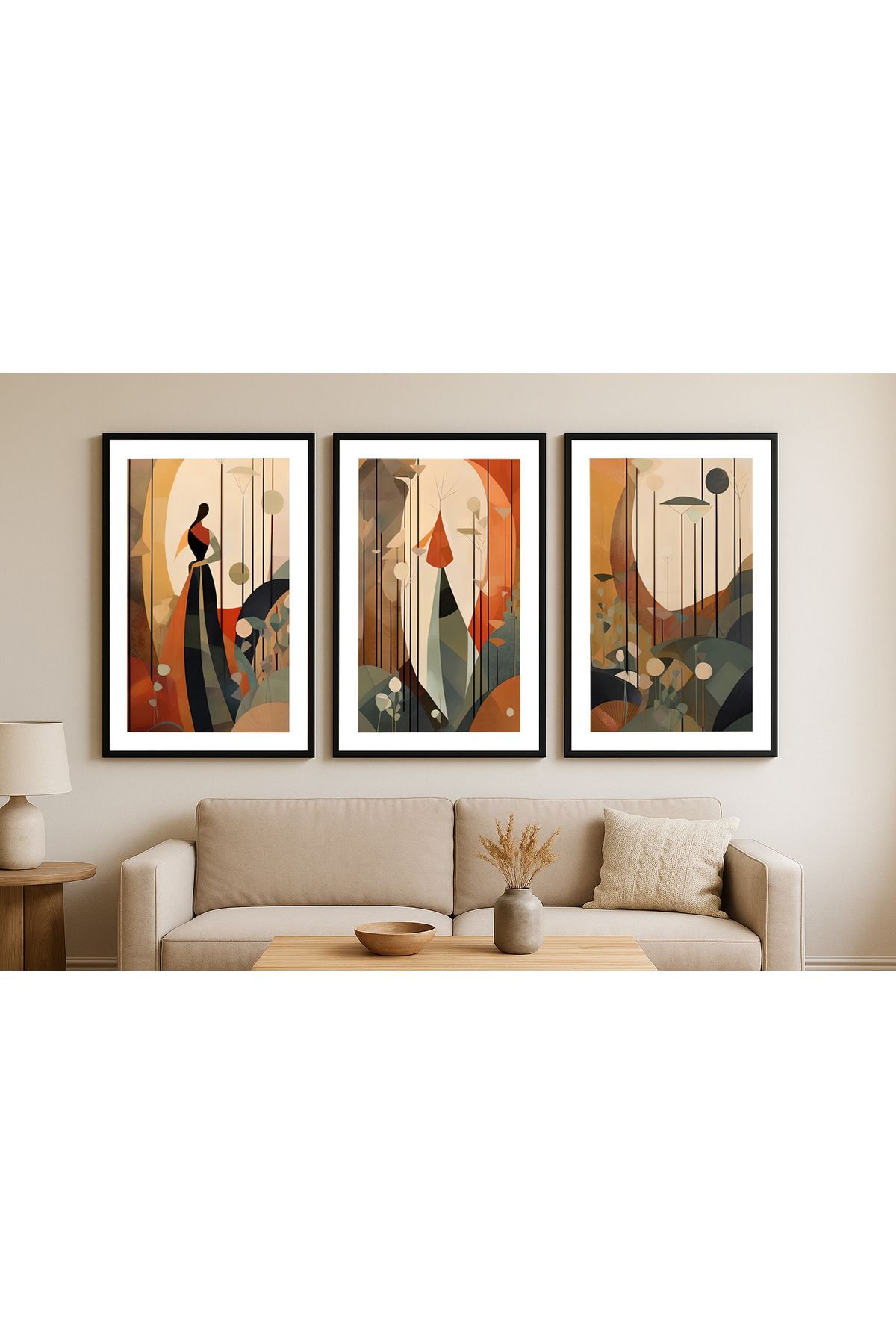 volo dekor - Tablo , Doğal Ahşap Çerçeveli , Soyut Sanat Tablo Seti Ev & Ofis Dekoru,