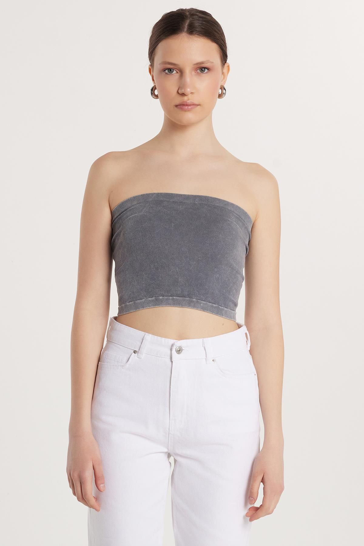Tudors-Women's Slim Fit Cotton Strapless Plain Anthracite Blouse 4