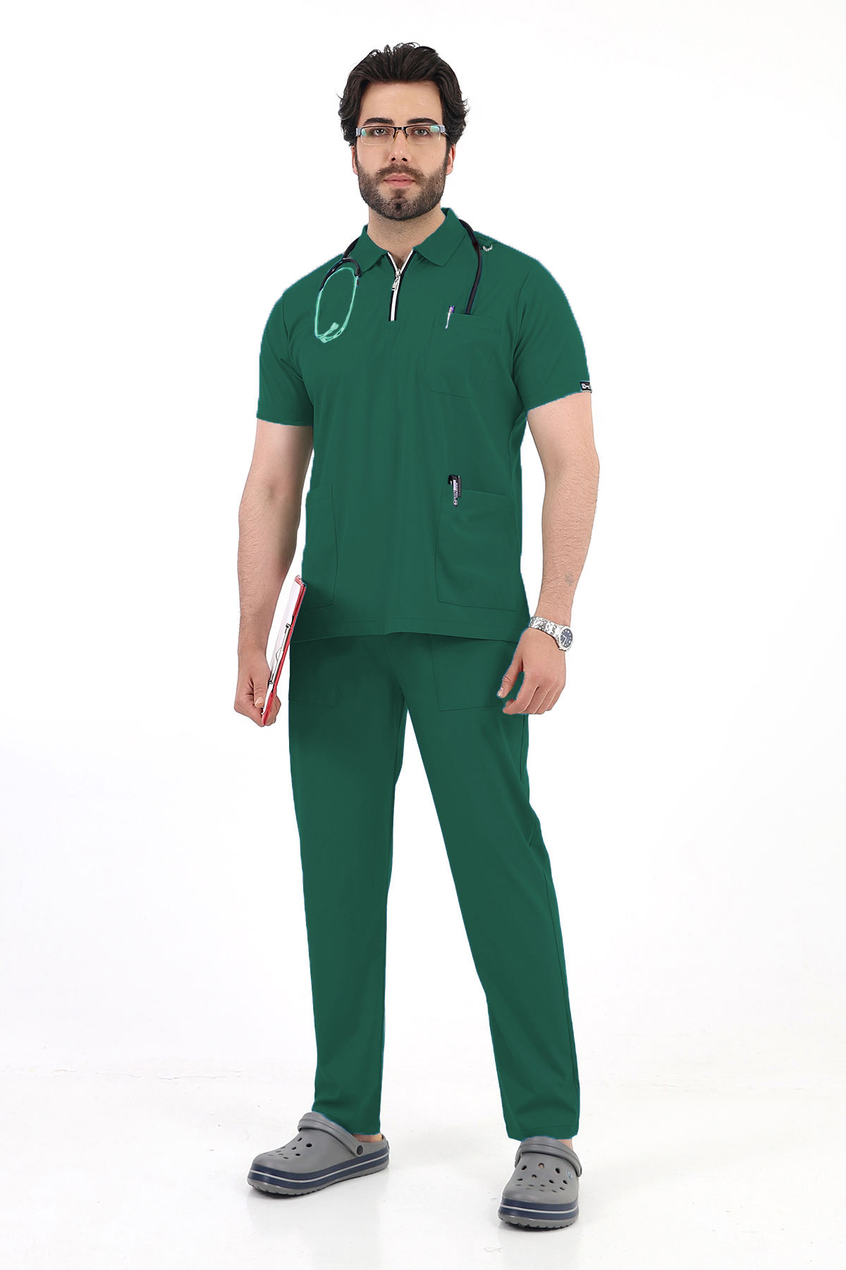 TİJA Yeşil Likralı Polo Yaka Fermuarlı Erkek Doktor Hemşire