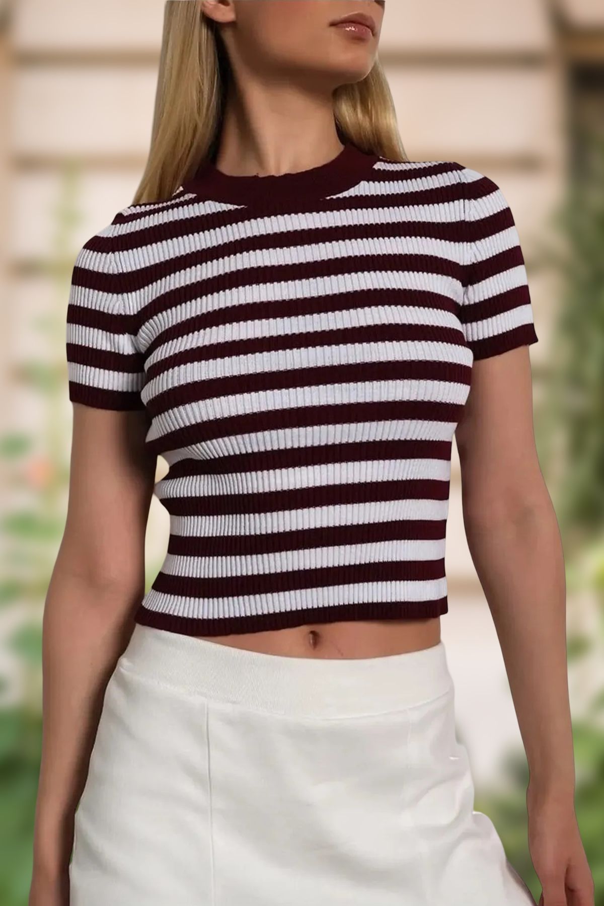 AQE FASHION Kadın Bisiklet Yaka Çizgili Kısa Kollu Basic Bordo Bluz