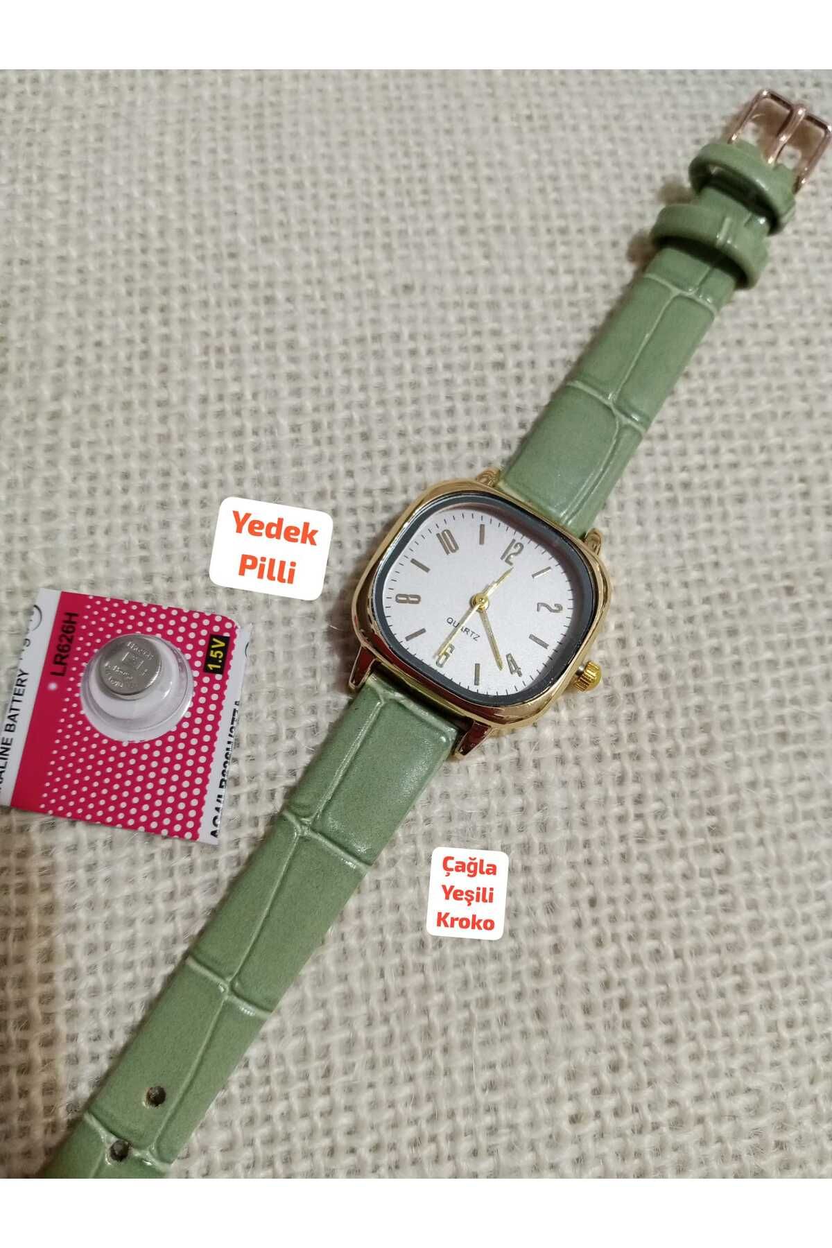 Brality Minimal Vintage Retro Kadın Kol Saati ÇAĞLA YEŞİLİ Renk Kordon GOLD Kasa 0054