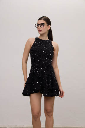 Angle Create Halter Yaka Fırfırlı Derin Yırtmaçlı Mini Elbise