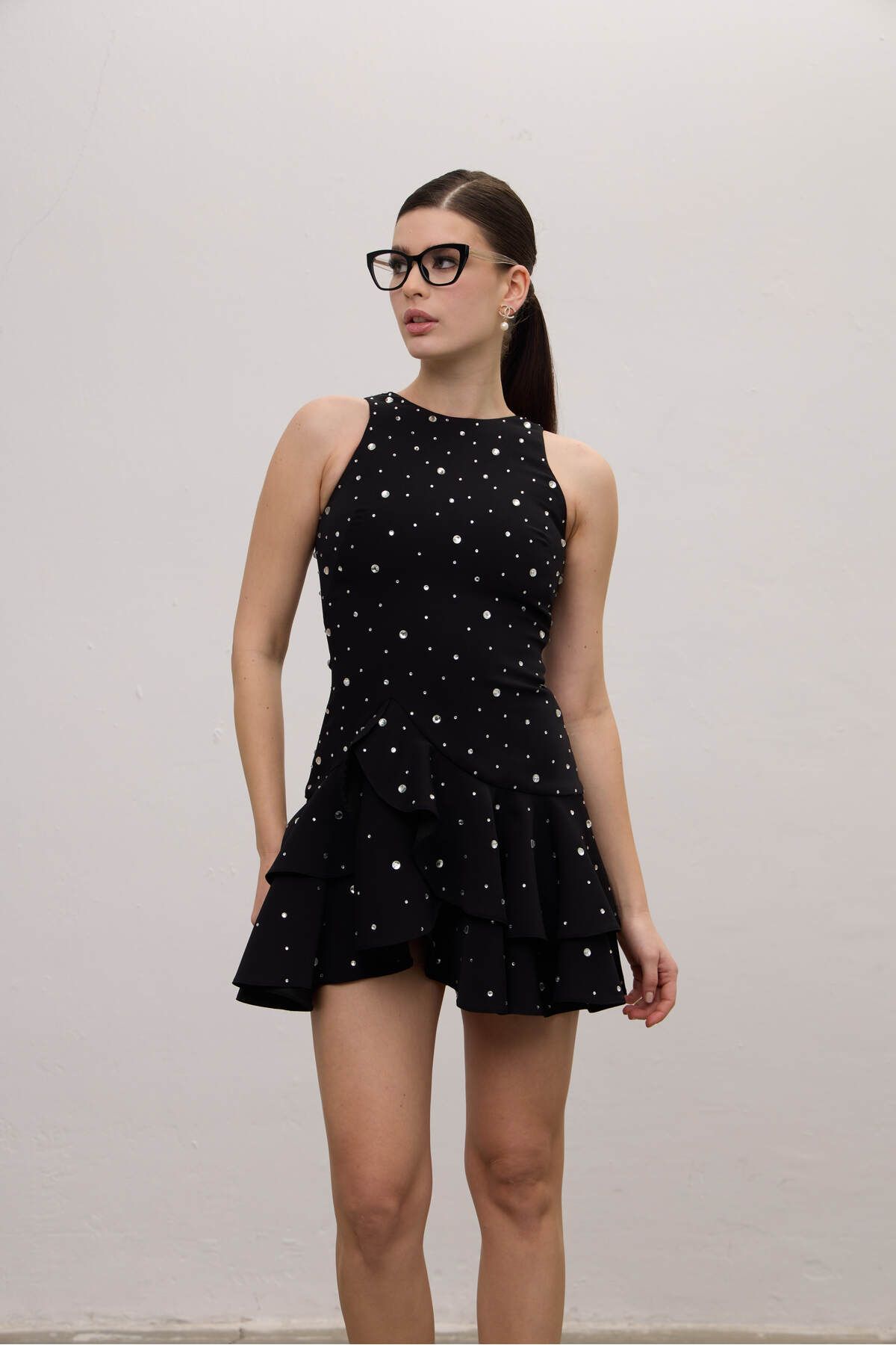 Angle Create Halter Yaka Fırfırlı Derin Yırtmaçlı Mini Elbise