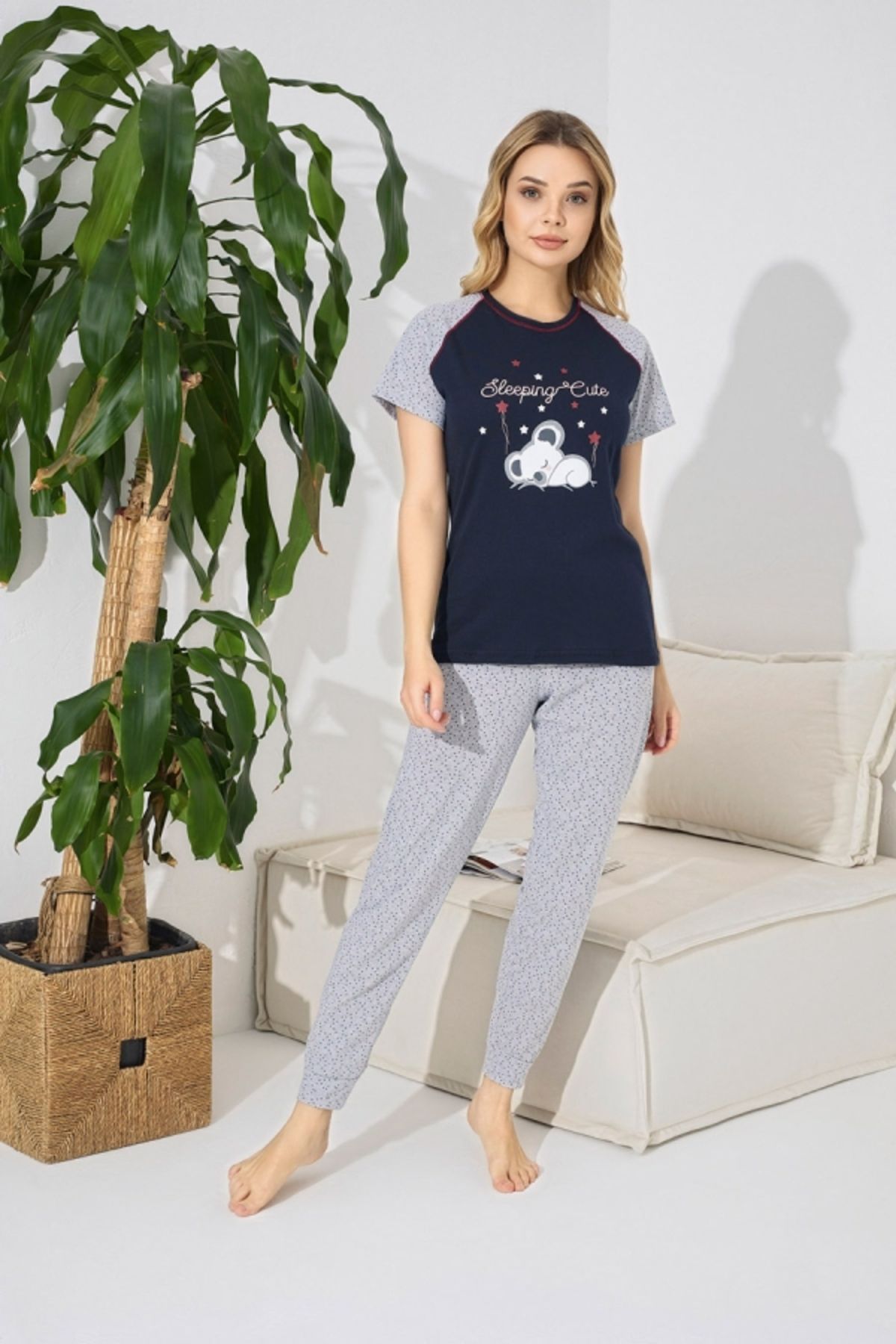My Blog Lacivert Desenli Kısa Kollu Pijama Takımı - 9268