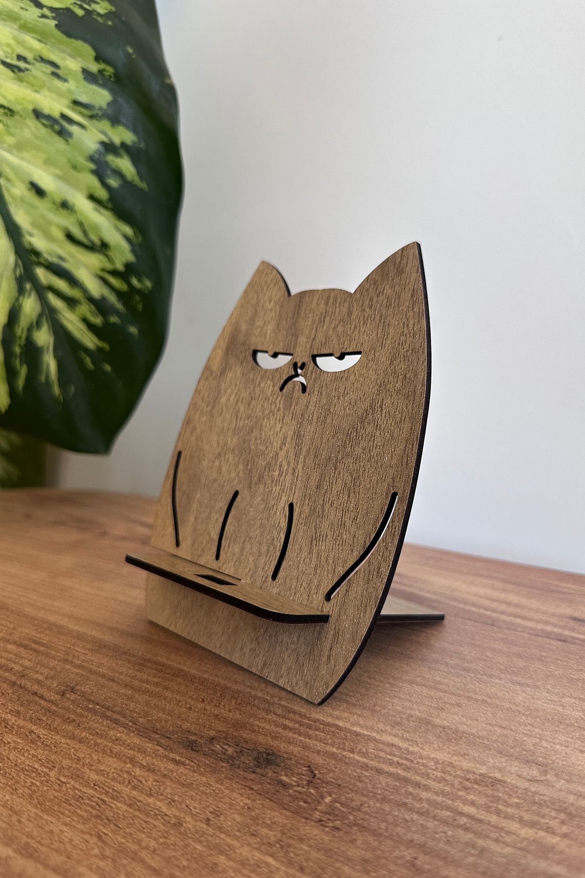 MIGNATIS Ahşap Somurtan Kedi Telefon ve Tablet Tutucu - Masa Üstü Sabitleyici Stand Telefon Tutacağı