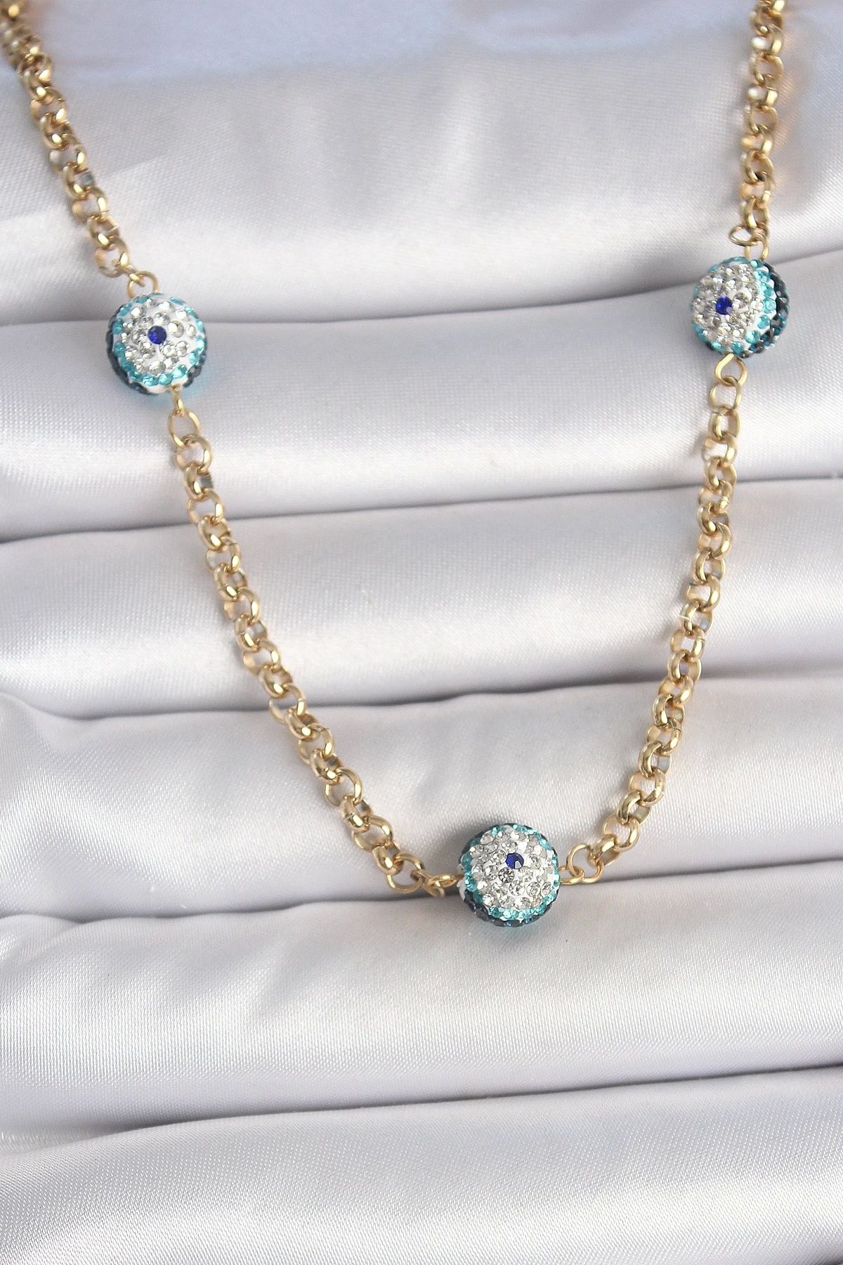 GLIMMERY 316L Çelik Gold Renk Zirkon Taşlı Nazar Boncuk Model Kadın Kolye