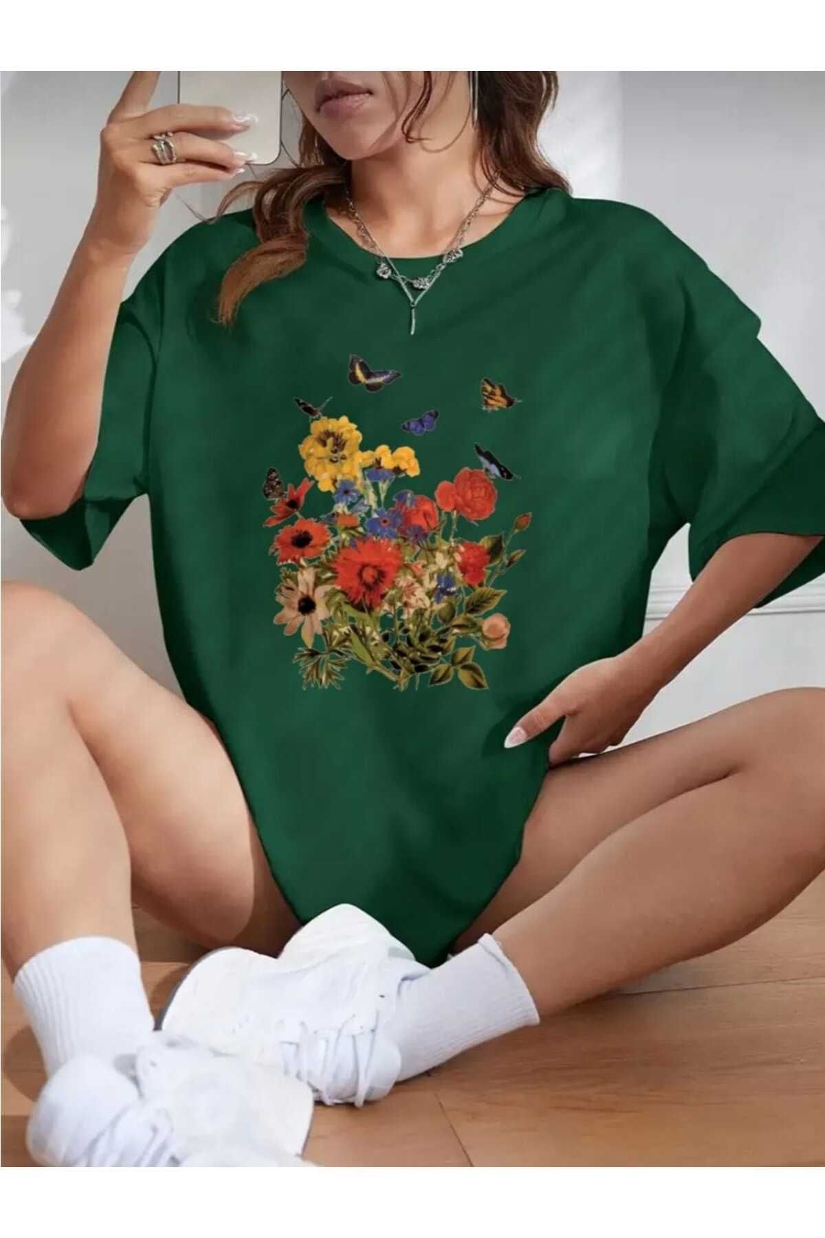 TekTarzz Unısex Pamuklu Flowers Baskılı Tasarım Tshirt