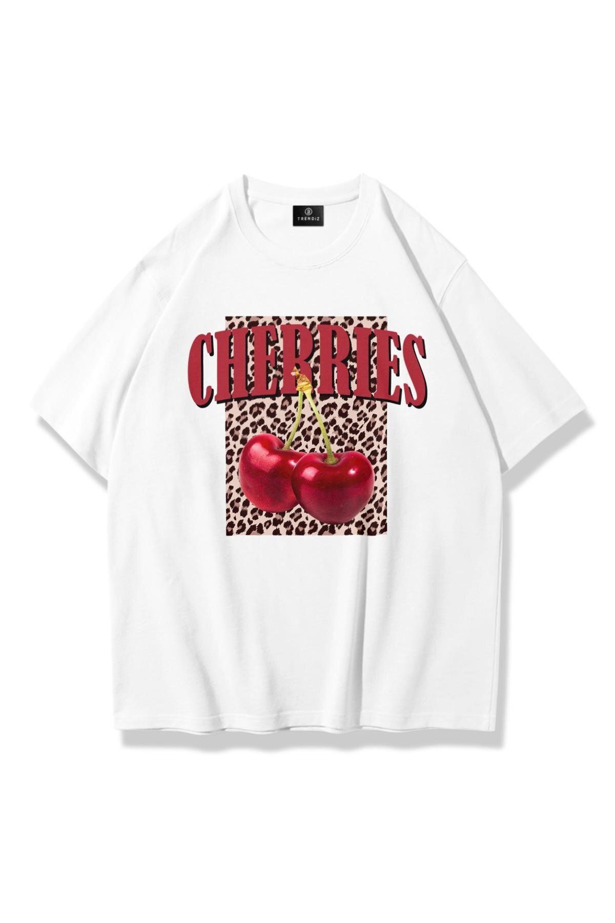 JANSO GROUP Kadın Cherries Leopar Tshirt Beyaz