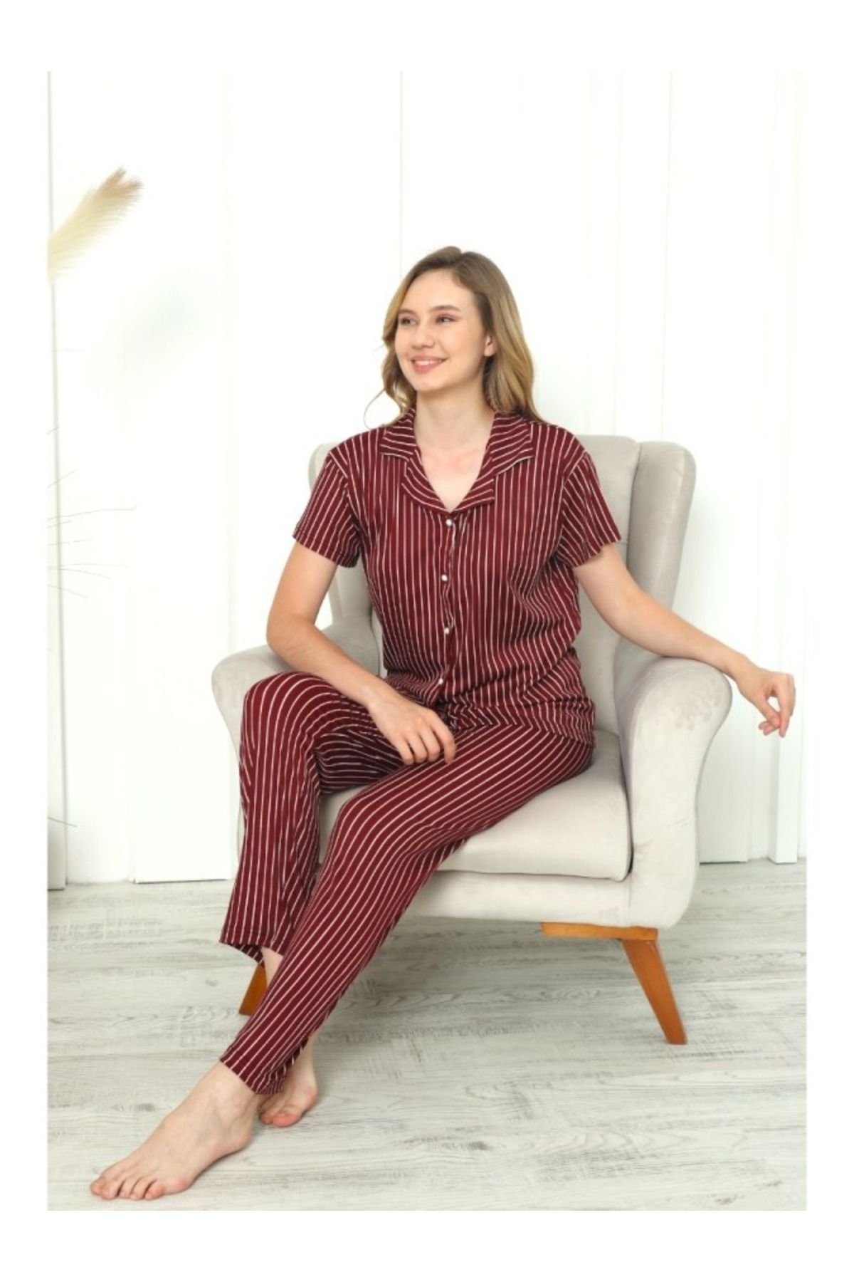 My Blog Bordo Gömlek Yaka Çizgili Kısa Kollu Pijama Takım - 15609