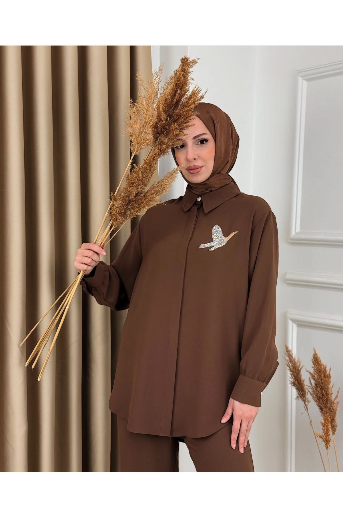 MODA Kuş Baskılı Tesettür Alt Üst Pantolonlu Takım