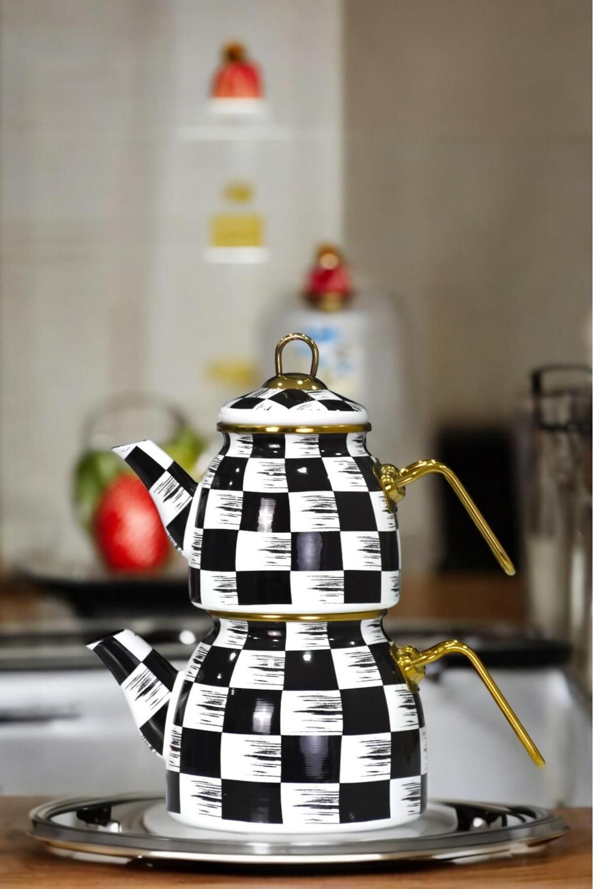 Sezka Life Blackwhite Dama Desen Emaye Çaydanlık Takımı