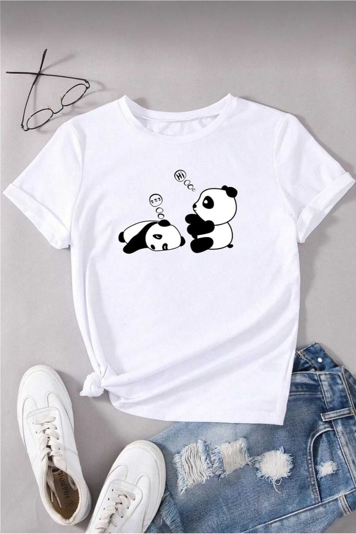 TekTarzz Unisex Uykucu Panda Baskılı Tasarım Tshirt