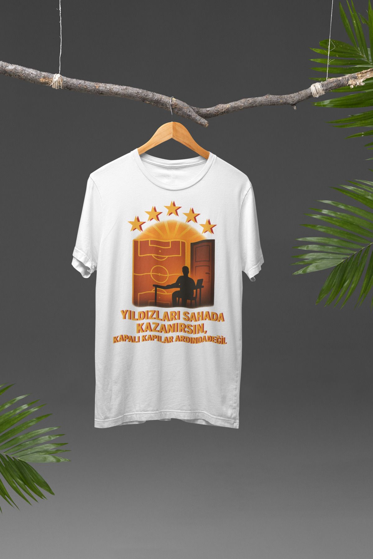 Lyonis Unisex Beyaz Yıldızlar Sahada Kazanılır 5 Yıldız Baskılı Bisiklet Yaka Penye T-Shirt