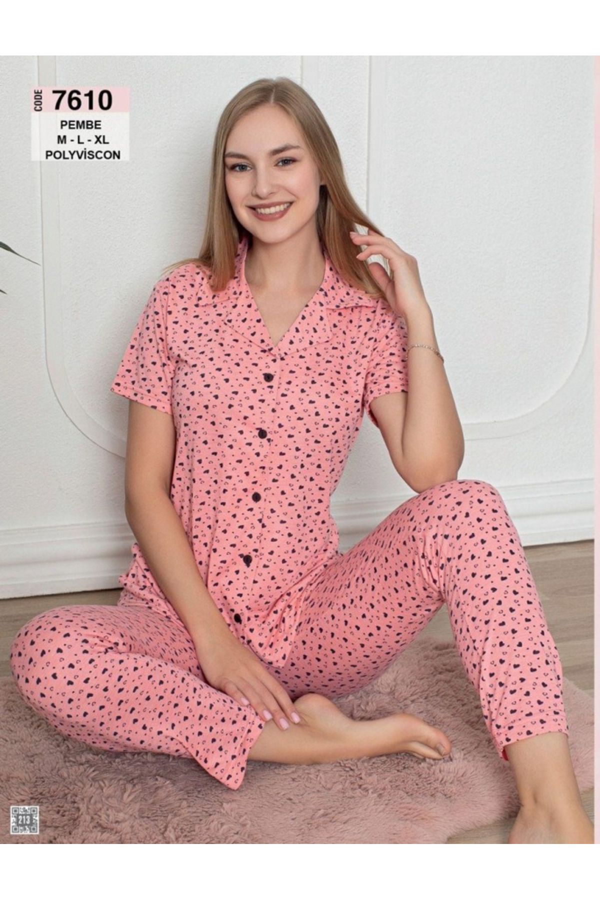 My Blog Pembe Kalp Desenli Kısa Kolllu Pijama Takım -7610