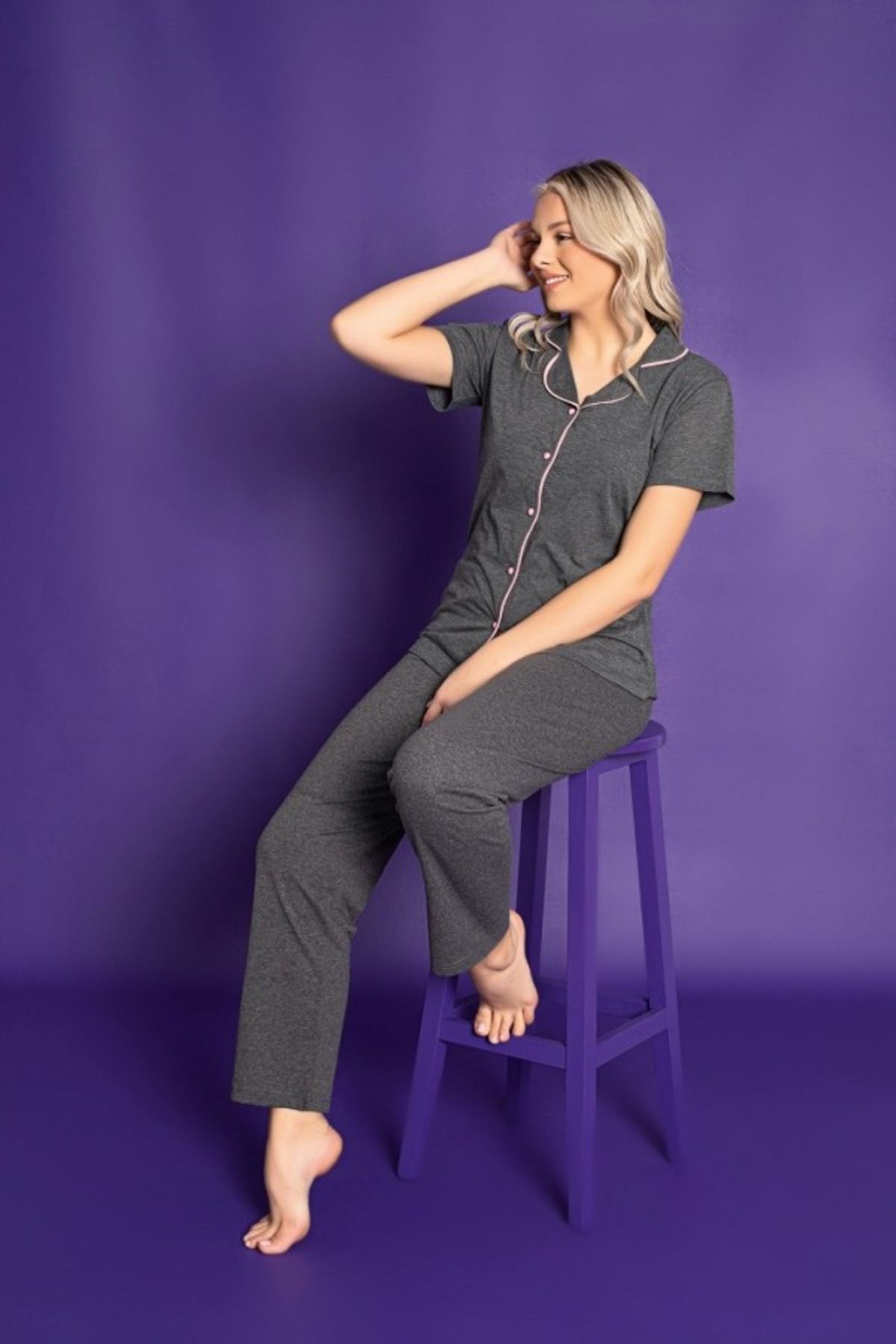 My Blog Füme Gömlek Yaka Kısa Kollu Pijama Takım - 7029