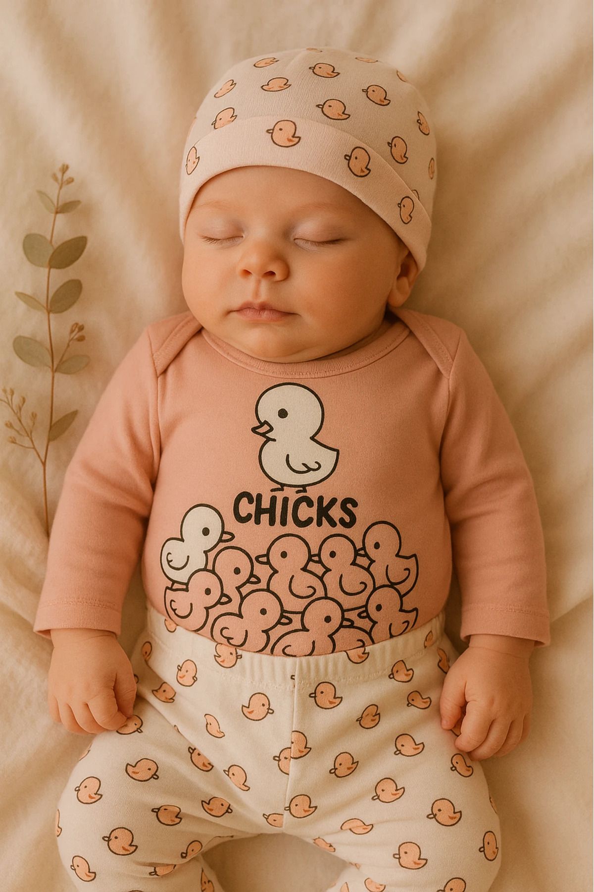 HAVUÇ BEBEK Polifoni Chicks Baskılı Şapkalı 3’lü Bebek Takım