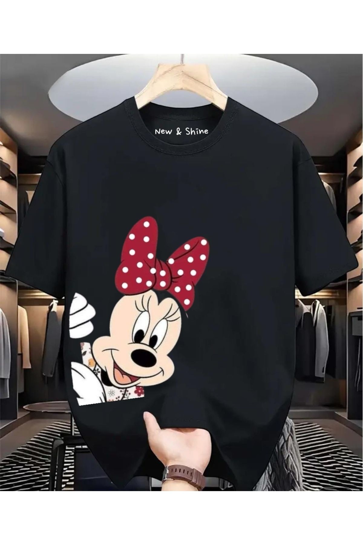 New Shine Minnie Mouse Yanda Baskılı Büyük Beden Oversize T-Shirt