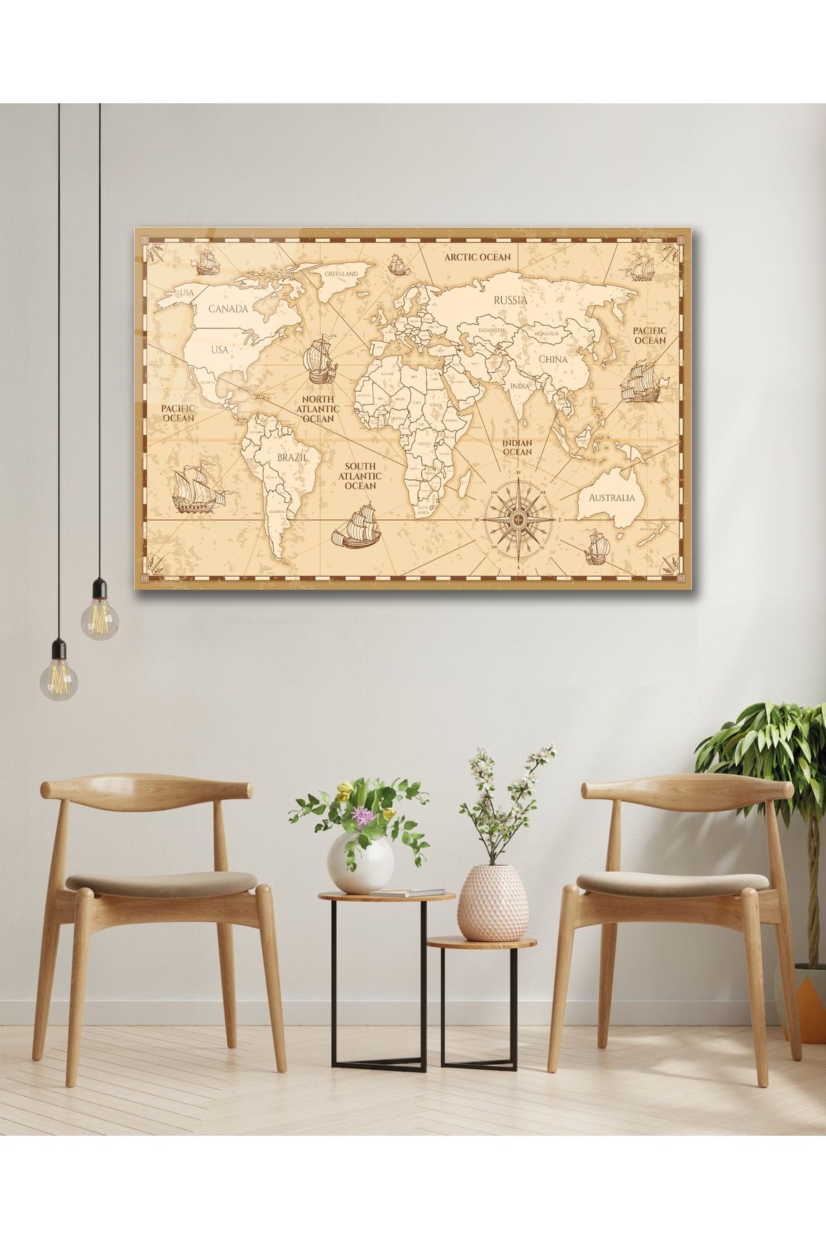Çağ Baskı Dünya Haritası World Map Cam Tablo Modern Ev Ofis Salon Oda Duvar Dekoru Hediyelik