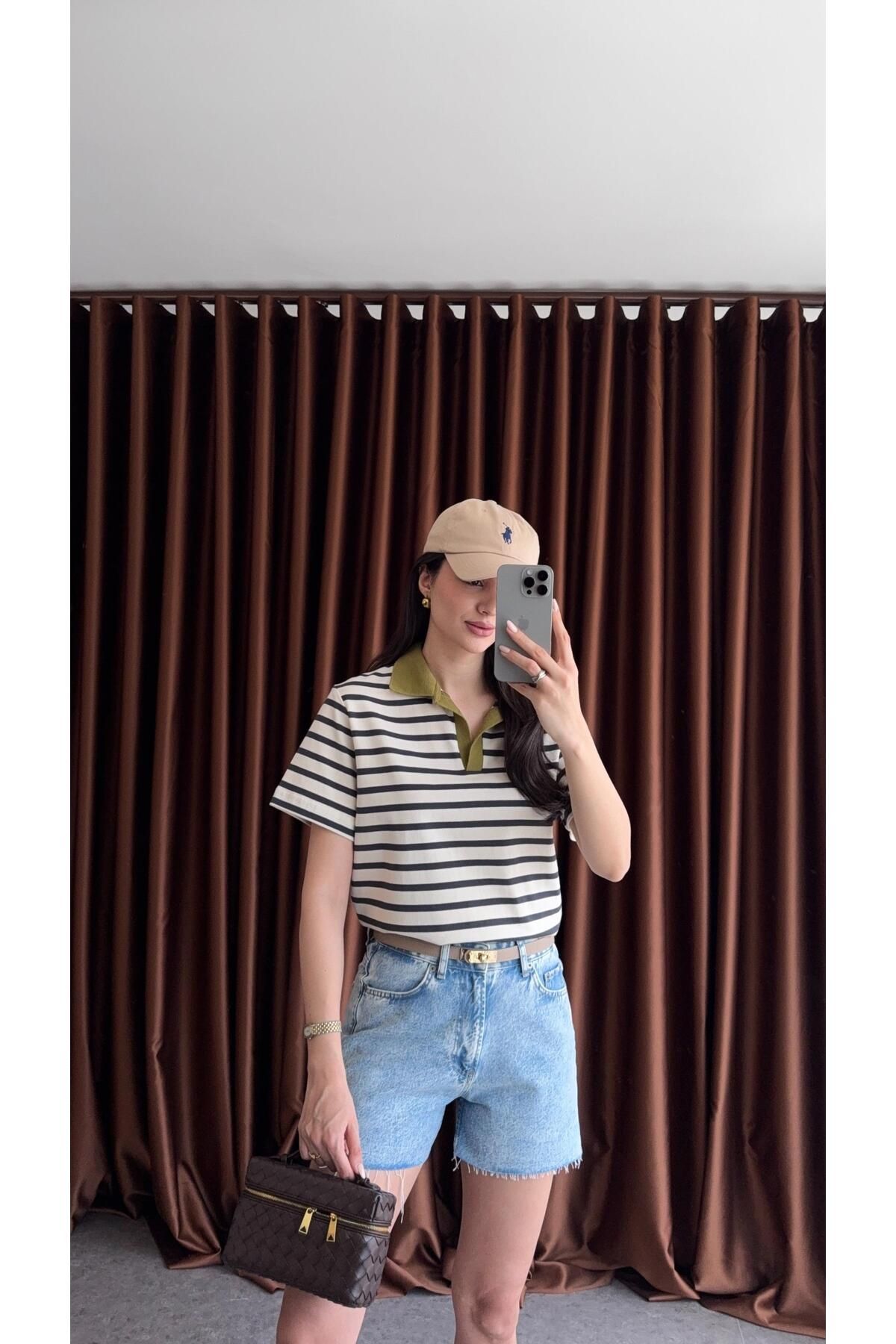 HAZELANNA Antrasit Çizgili Polo Yaka Premium Tshirt