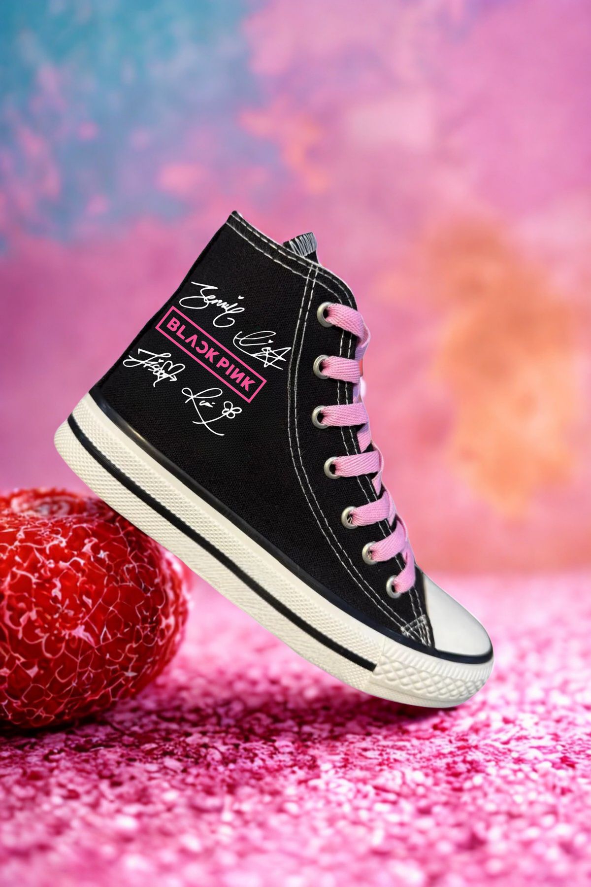 LEVENT ÖZCAN İmzalı Black Pink Baskılı, Pembe Bağcıklı, Siyah Bilekli Spor Ayakkabı, Çocuk Sneaker