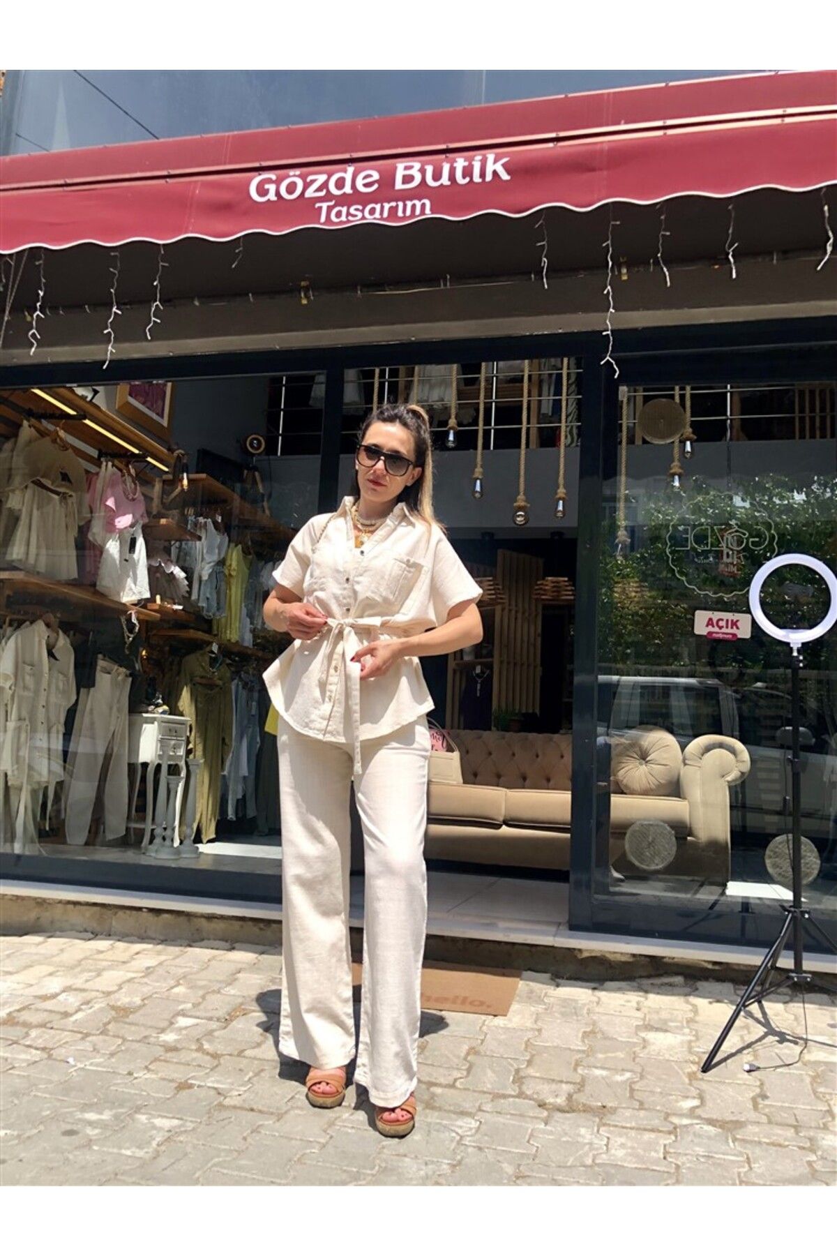 Gözde Tasarım Butik KADIN NATUREL TAŞ RENGİ BOL PAÇA PANTOLON KISA KOLLU KUŞAKLI GÖMLEK 2'Lİ ALT ÜST KETEN TAKIM