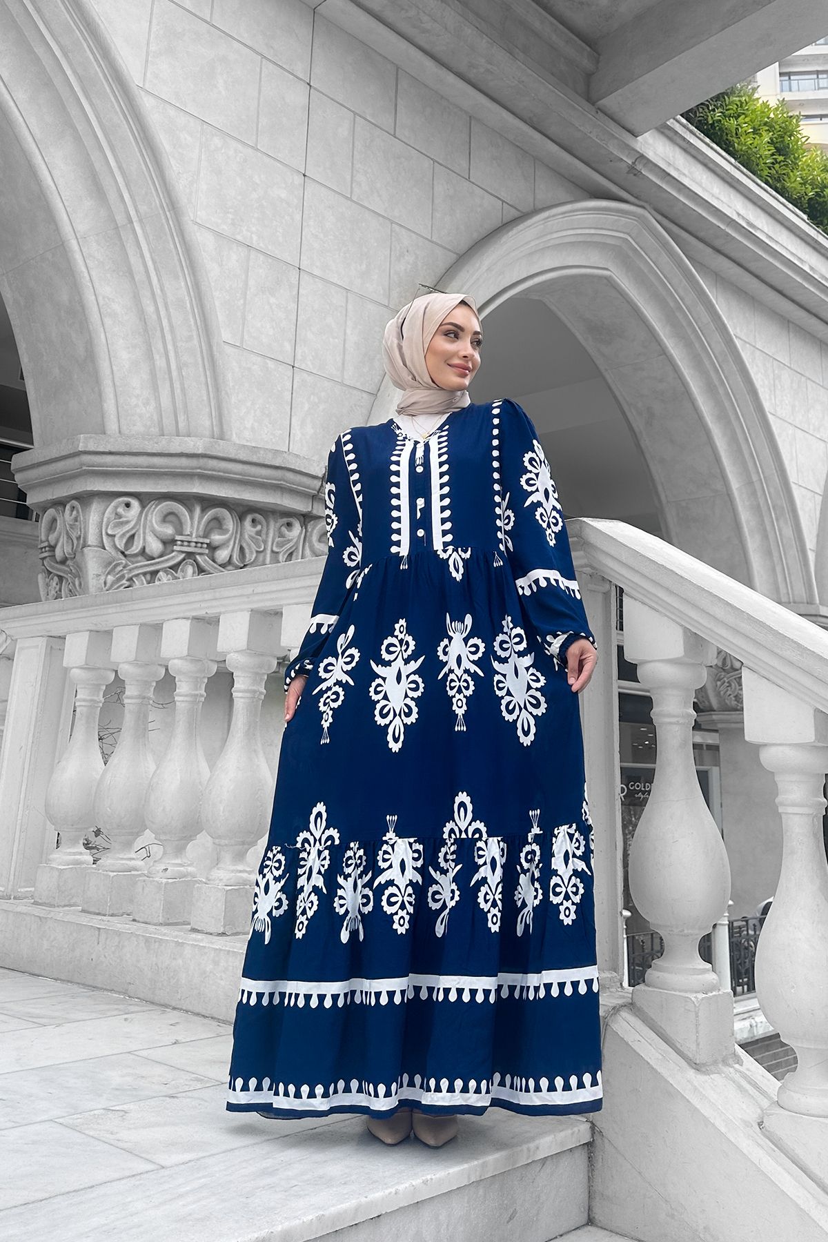 lizbutik Kadın Siyah Beyaz Desenli Viskon Tesettür Elbise
