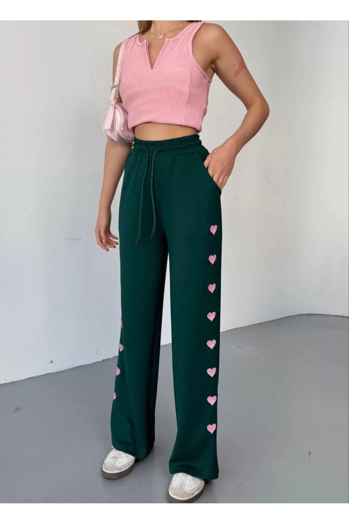 SA Alişveriş Dünyam Osy Modal Yumuşak Dokulu Kumaş Nakış işlemeli Rahat Bol Paça Eşofman Pantalon - Haki