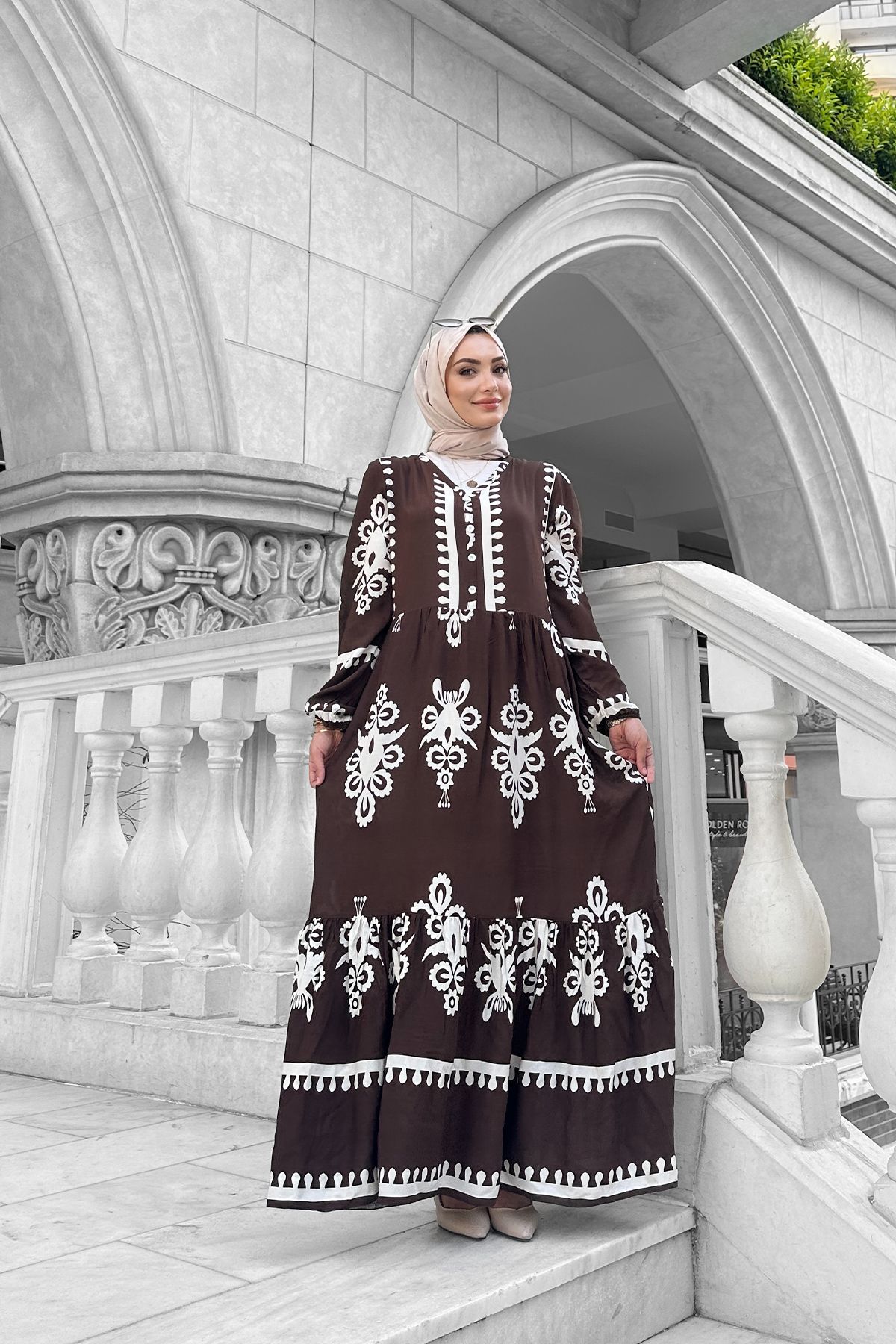 lizbutik Kadın Siyah Beyaz Desenli Viskon Tesettür Elbise