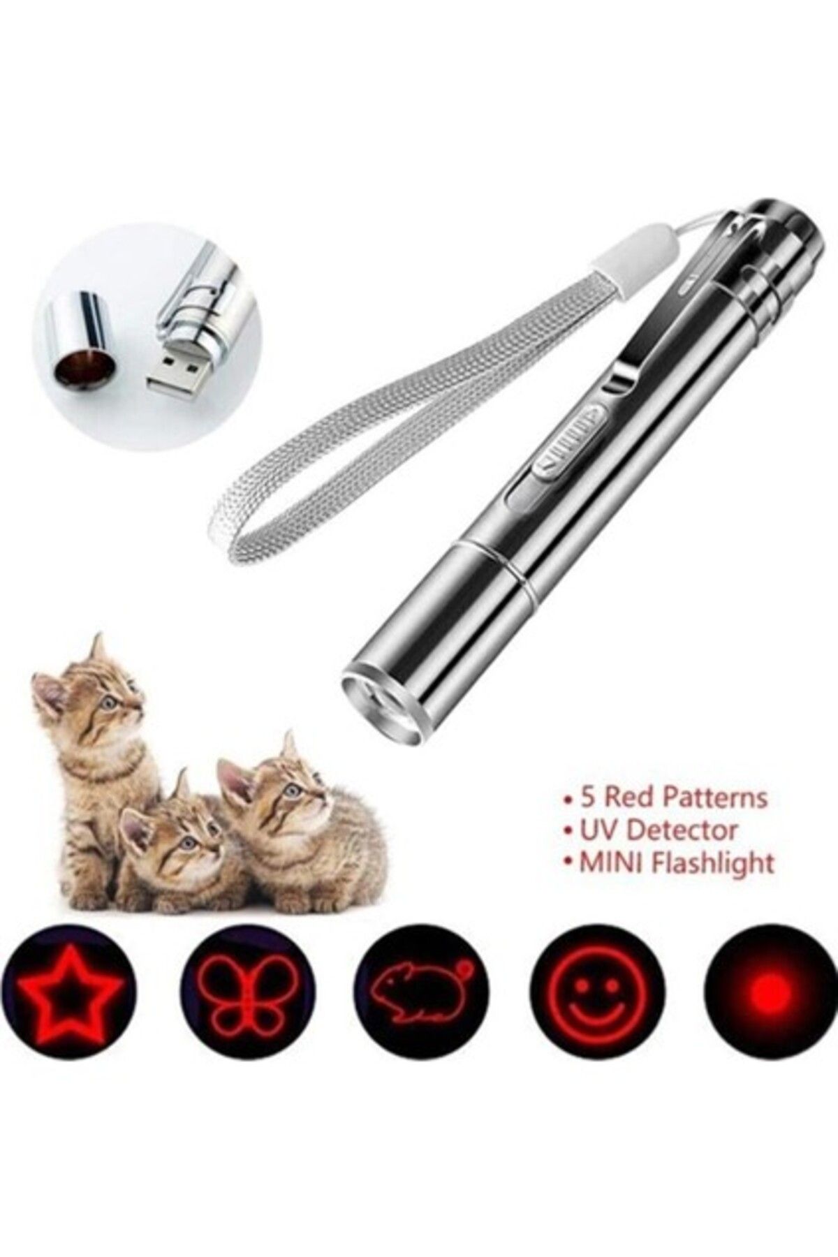 Orqinel Mixpet Metal USB Şarjlı Uv Işık ve Figürlü Kedi Lazeri
