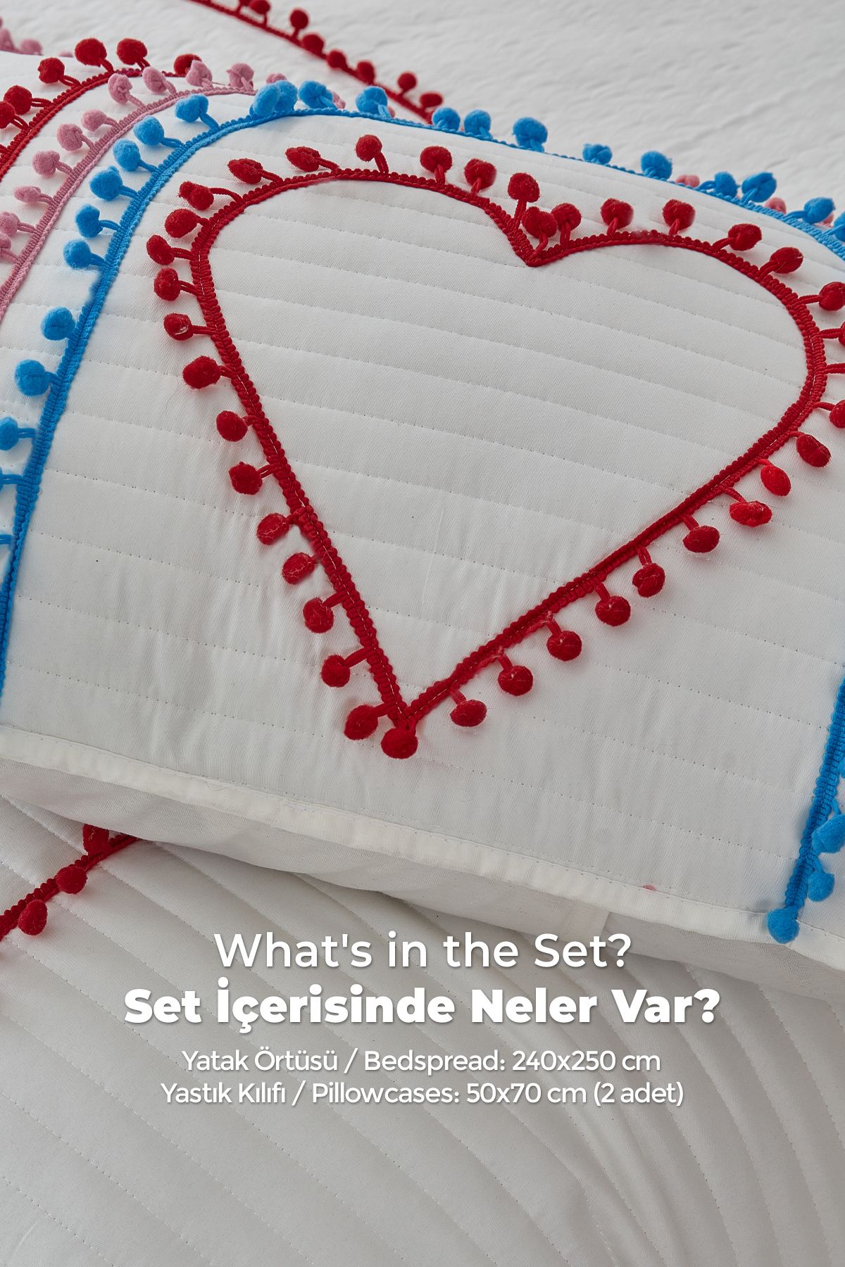 Evlen Home Collection-100% Cotton Double Bedspread with Colorful Pompom Heart Motif (Pike) Set 4