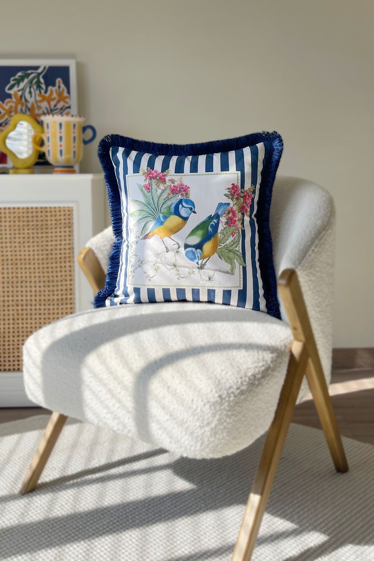 RİTMOHOME Kuş Desenli Püsküllü Vintage, Country, Iskandinav, Bohem 50x50 Dekoratif Yastık(İÇİ DOLGULU)