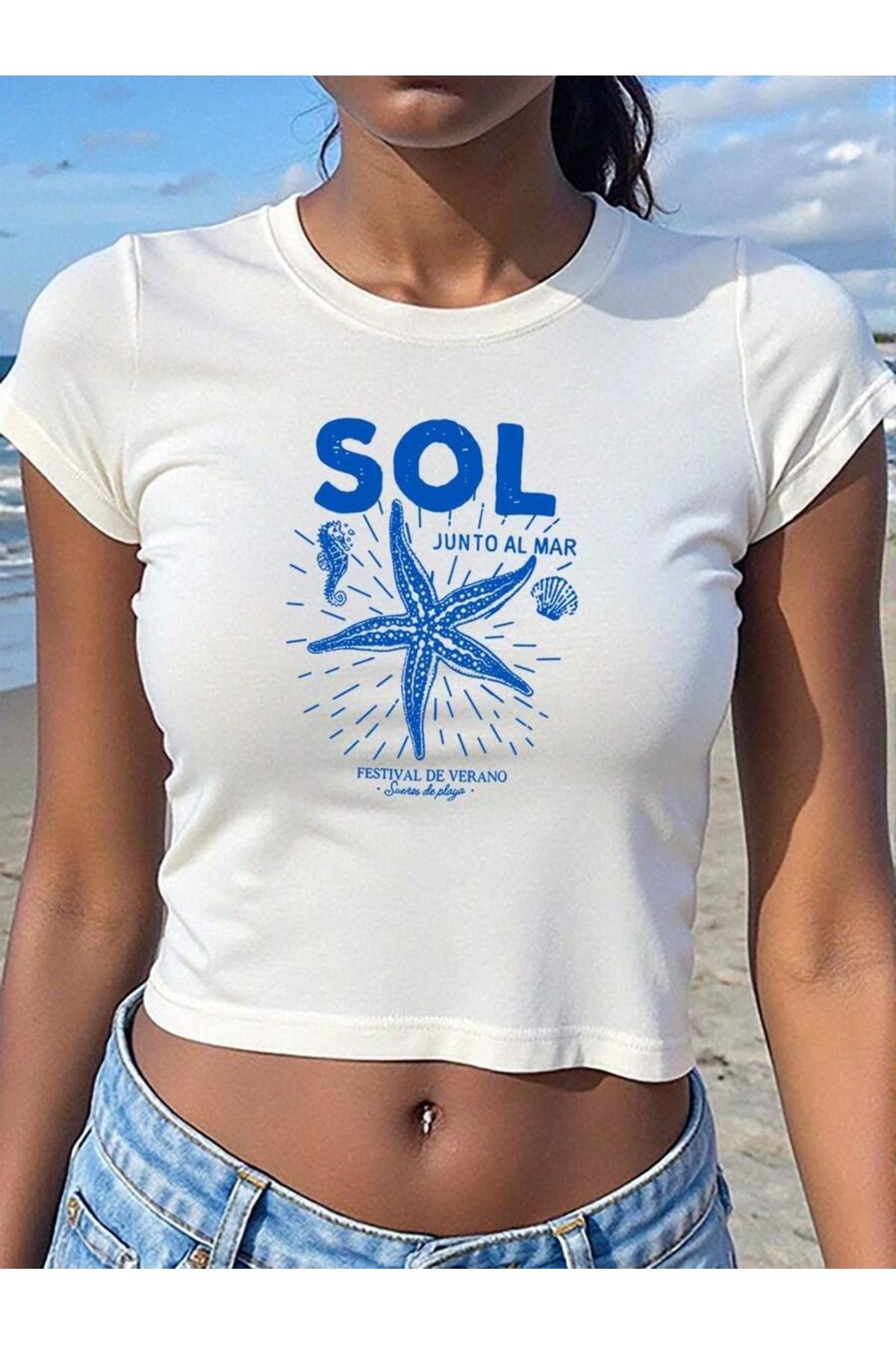 PALPİTO Kadın Beyaz Sol Junto Baskılı Bisiklet Yaka Dar Crop Tshirt
