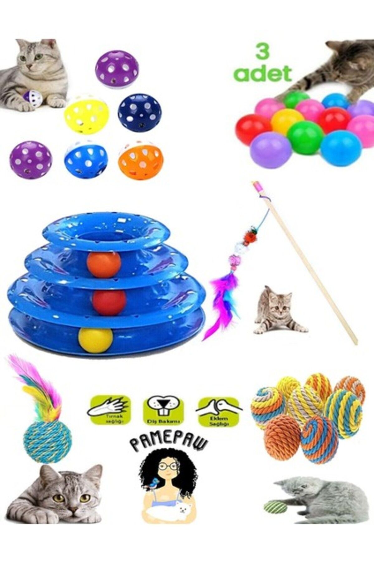 Orqinel Pamepaw 8'li Set: Sarma Topu+3'lü Renkli Top+Oyun Topu Tüylü + Kedi Oltası+3 Katlı Oyuncak +Çıngırak