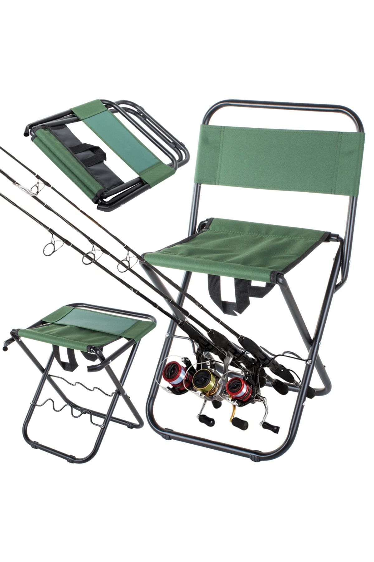 zola Folding Fishing Chair, Comfortable, With Backrest, Rod Holder, Black/green - One Size