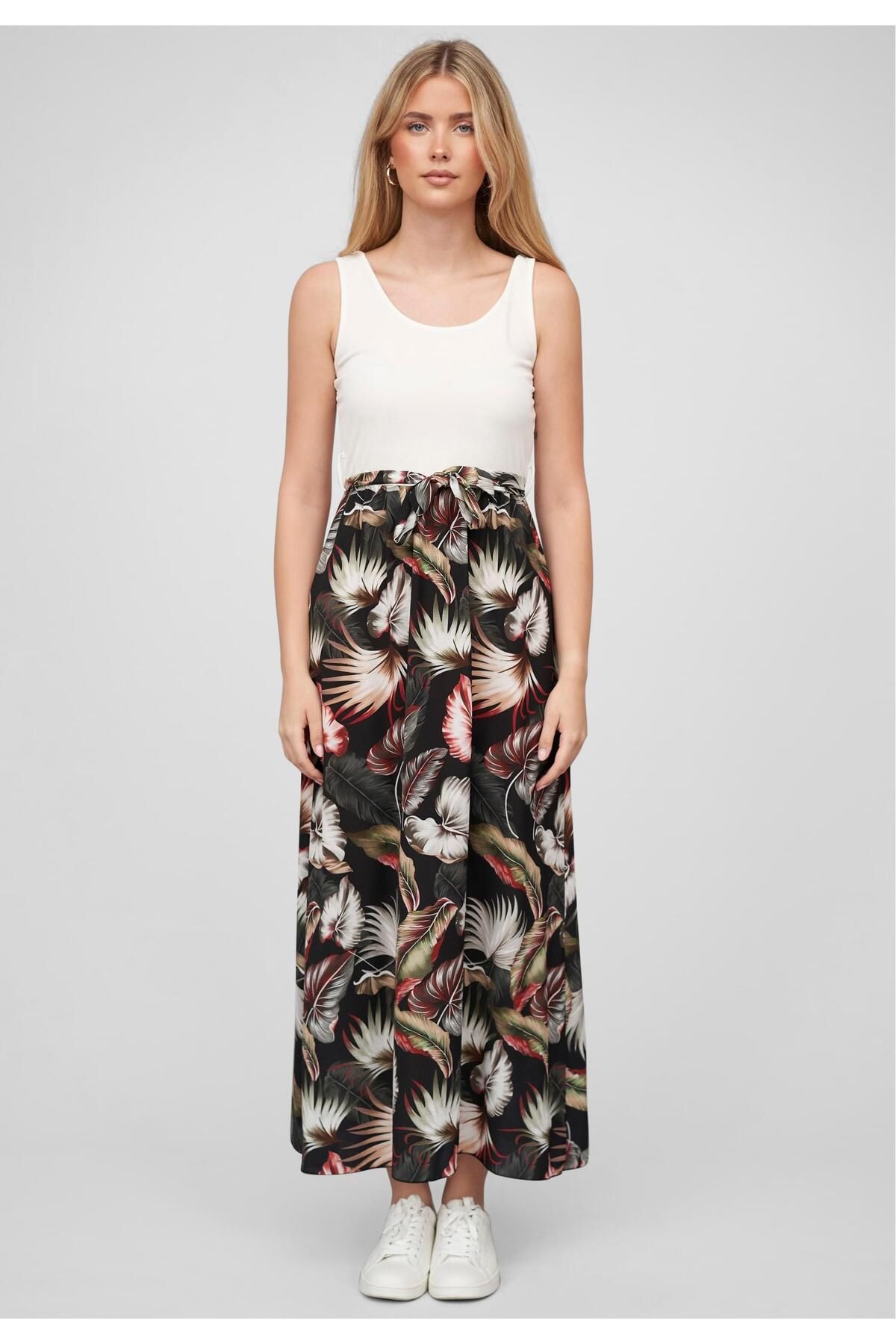 Cloud5ive-Damen Tank Top Maxi Kleid 2-tone Mit Bindegürtel Tropical Print 3