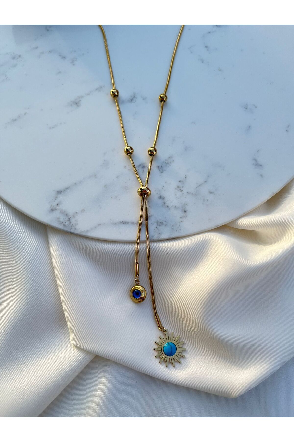 Orvix Accessories Gold Zincir Nazar Güneş Temalı Kararmaz Kadın Kolye Yazlık Kolye Abiye kolye Hediyelik Kolye