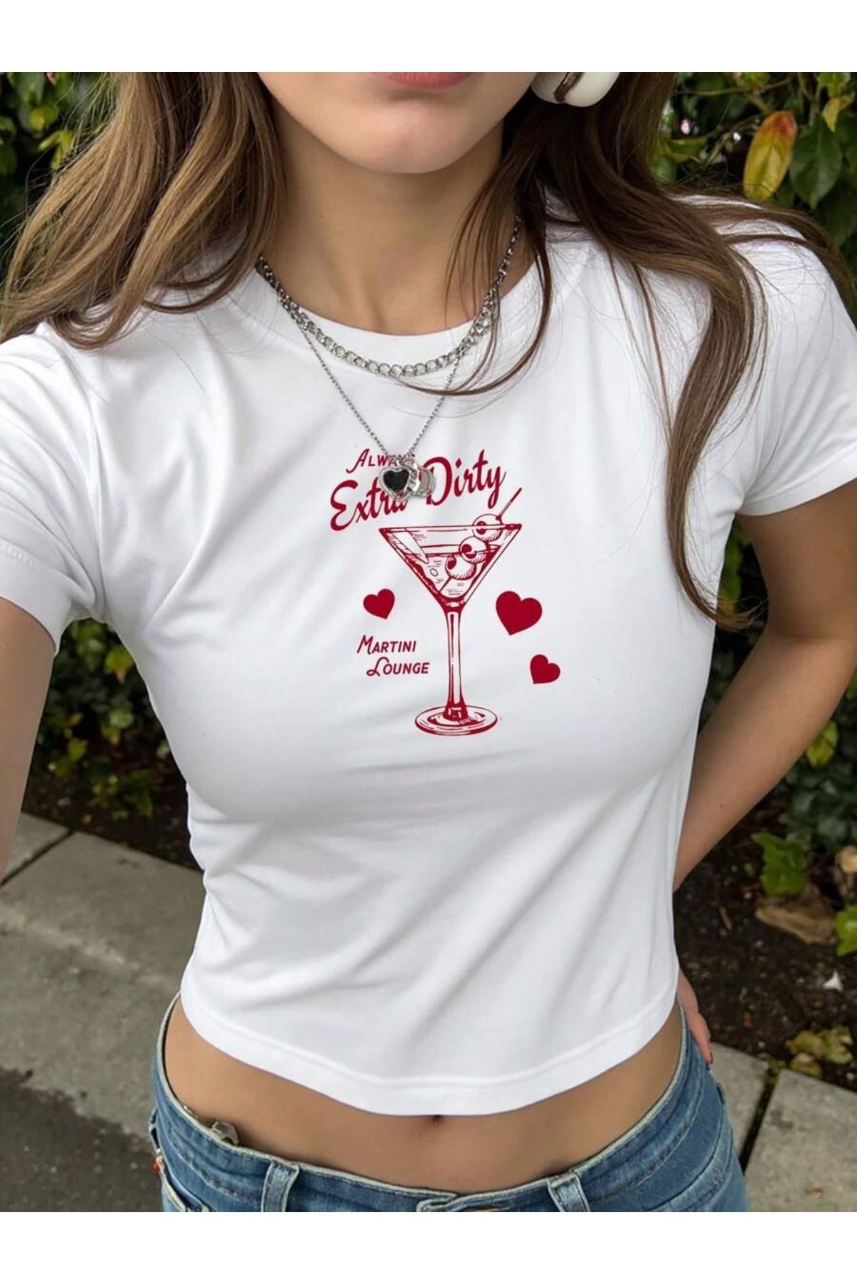 PALPİTO Kadın Beyaz Extra Dirty Baskılı Bisiklet Yaka Dar Crop Tshirt