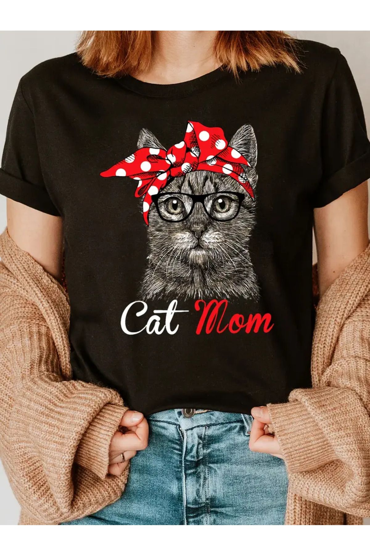 AEMİ Unisex Cat Mom Baskılı %100 Pamuk Oversize T-shirt