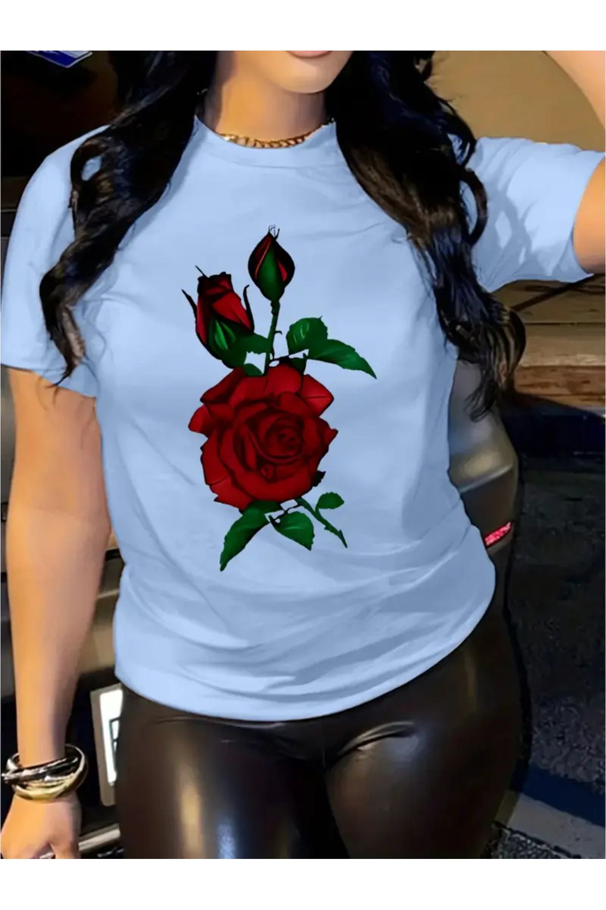 AEMİ Unisex Gül Rose Çizim %100 Pamuk Oversize T-shirt