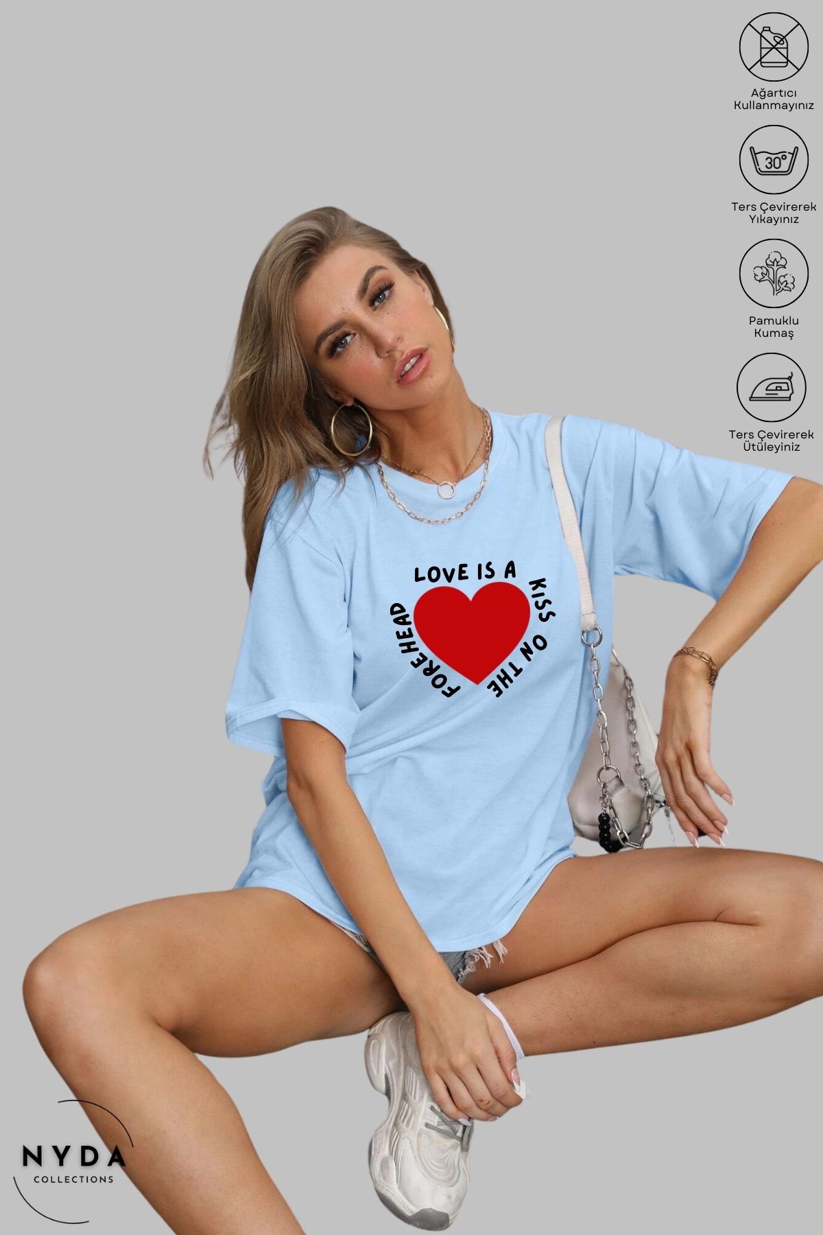 Nyda Collections Kadın Bisiklet Yaka Kalp Love Baskılı Pamuk Oversize Kısa Kollu Tişört