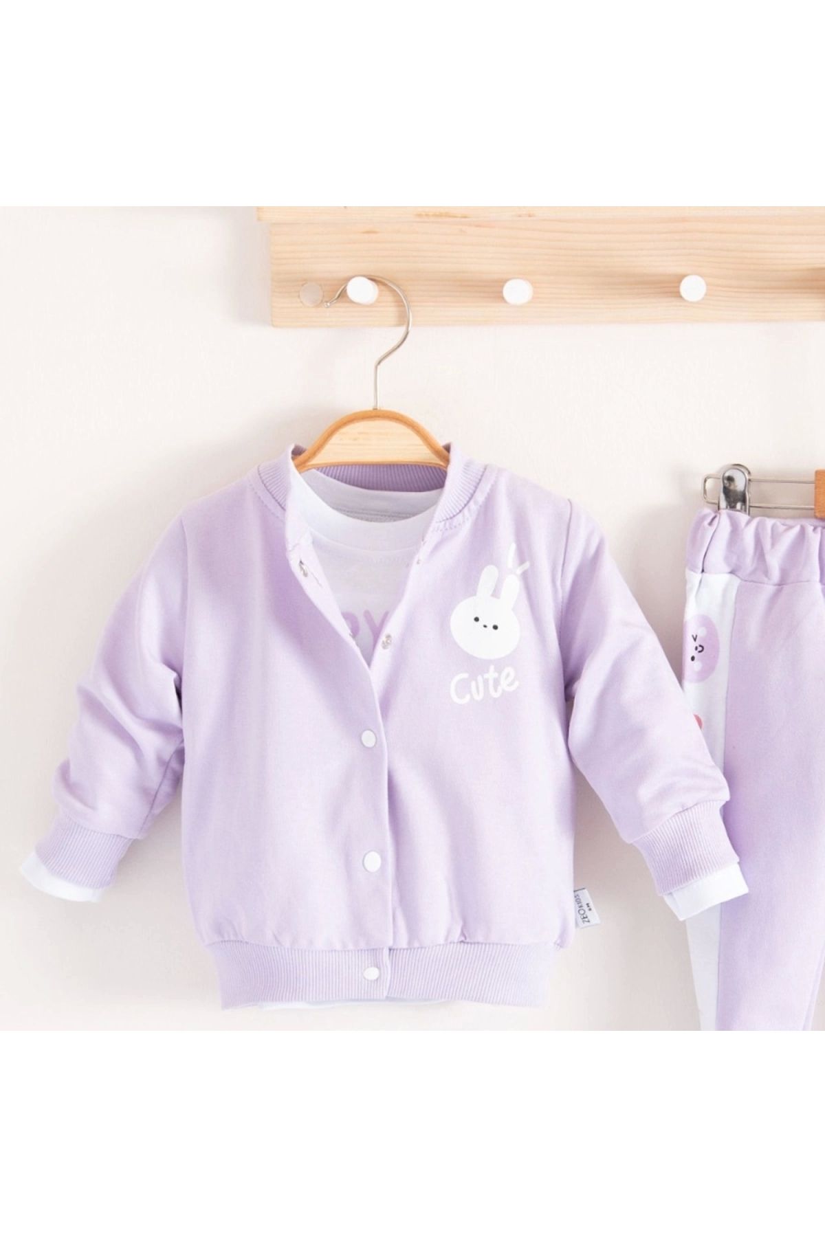 BYB MODA TASARIM 3-18 Ay Kız Bebek Takımı Cute Funny Kapişonlu 3'lü Lila