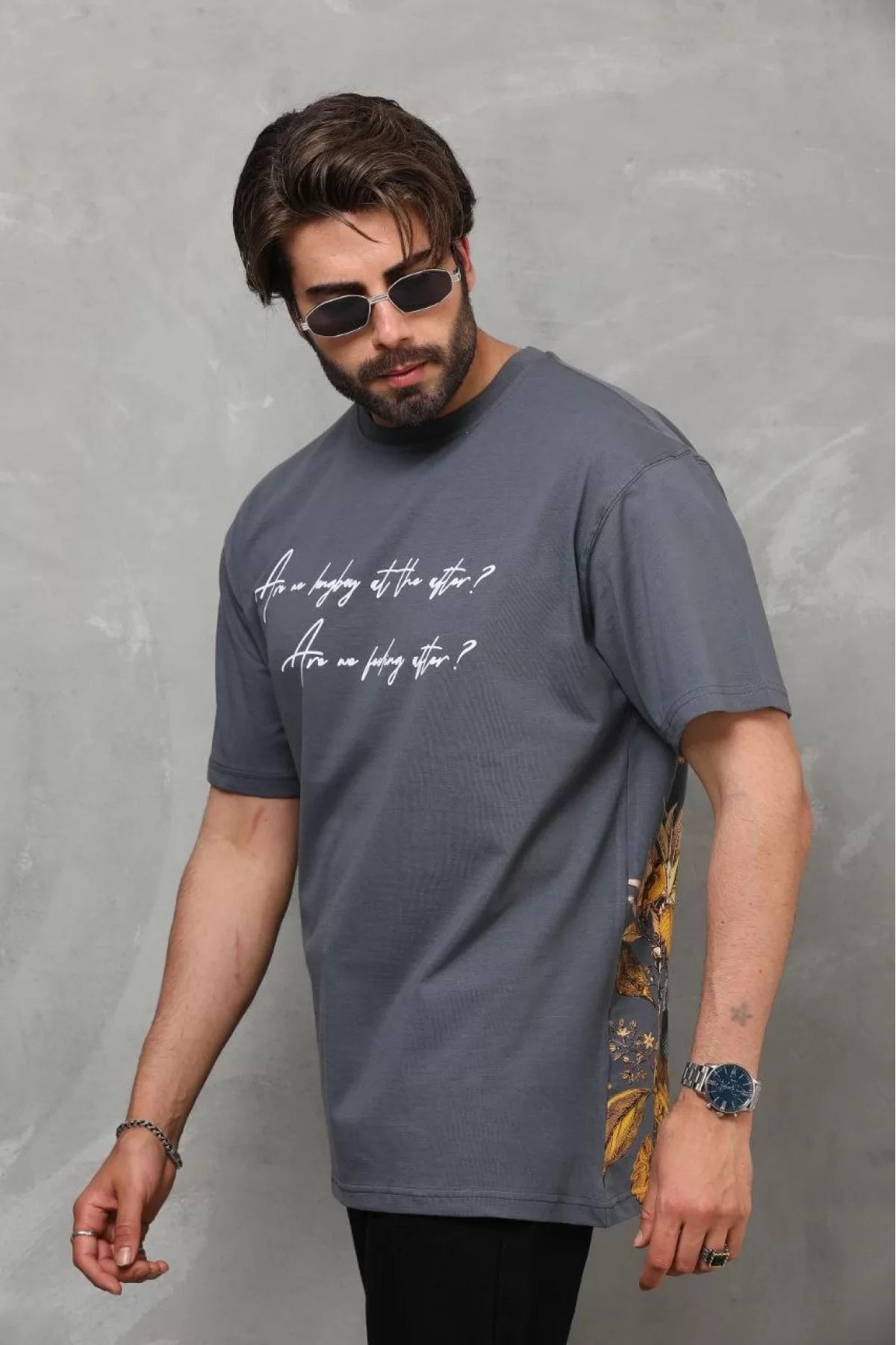 İndigo Park Erkek tişört Unisex Bisiklet Yaka Tişört Baskılı Oversize T-Shirt