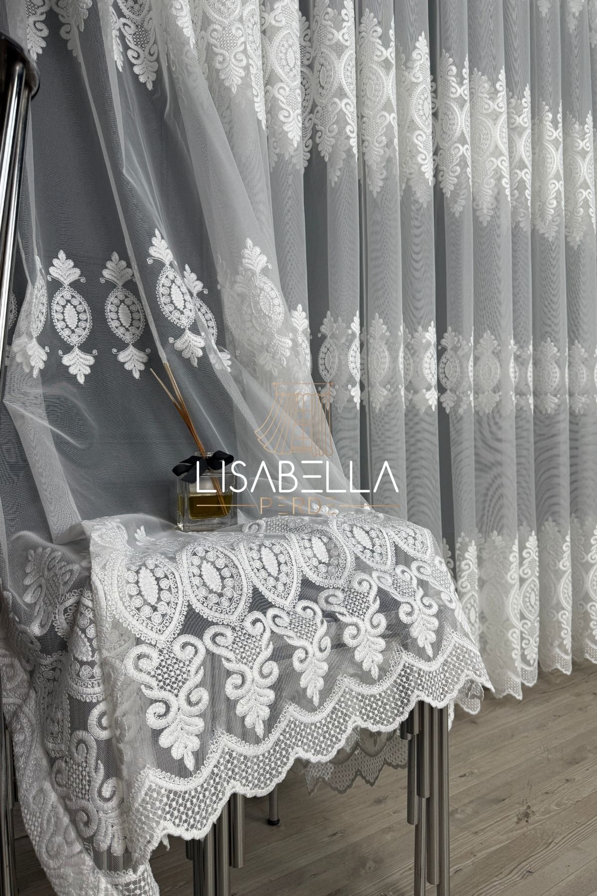 LisabellaHome Hanedan yoğun Brodeli Ağır Dökümlü tül perde ütü istemez(1x3 Pileli Dikişli)