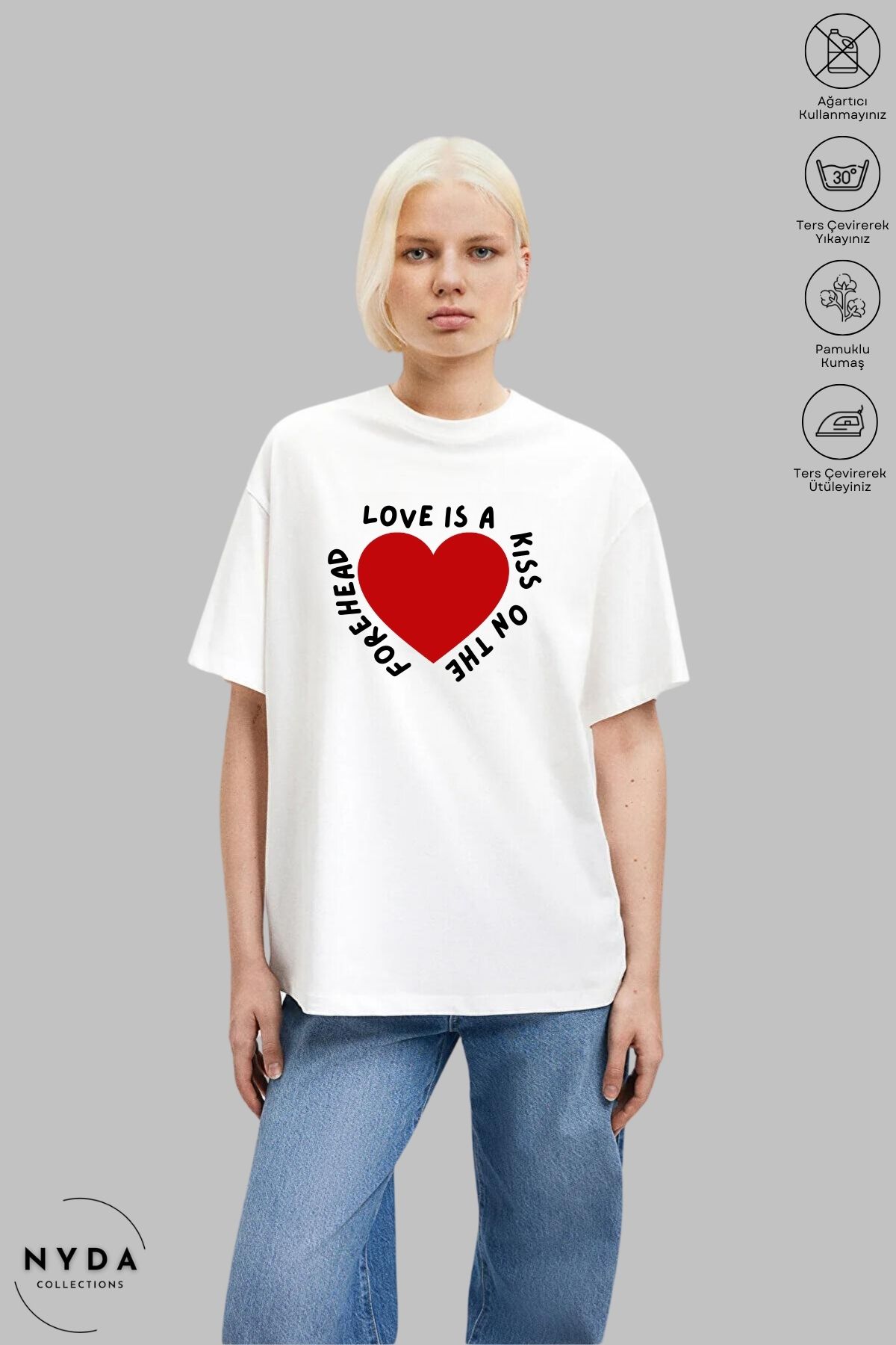 Nyda Collections Kadın Bisiklet Yaka Kalp Love Baskılı Pamuk Oversize Kısa Kollu Tişört