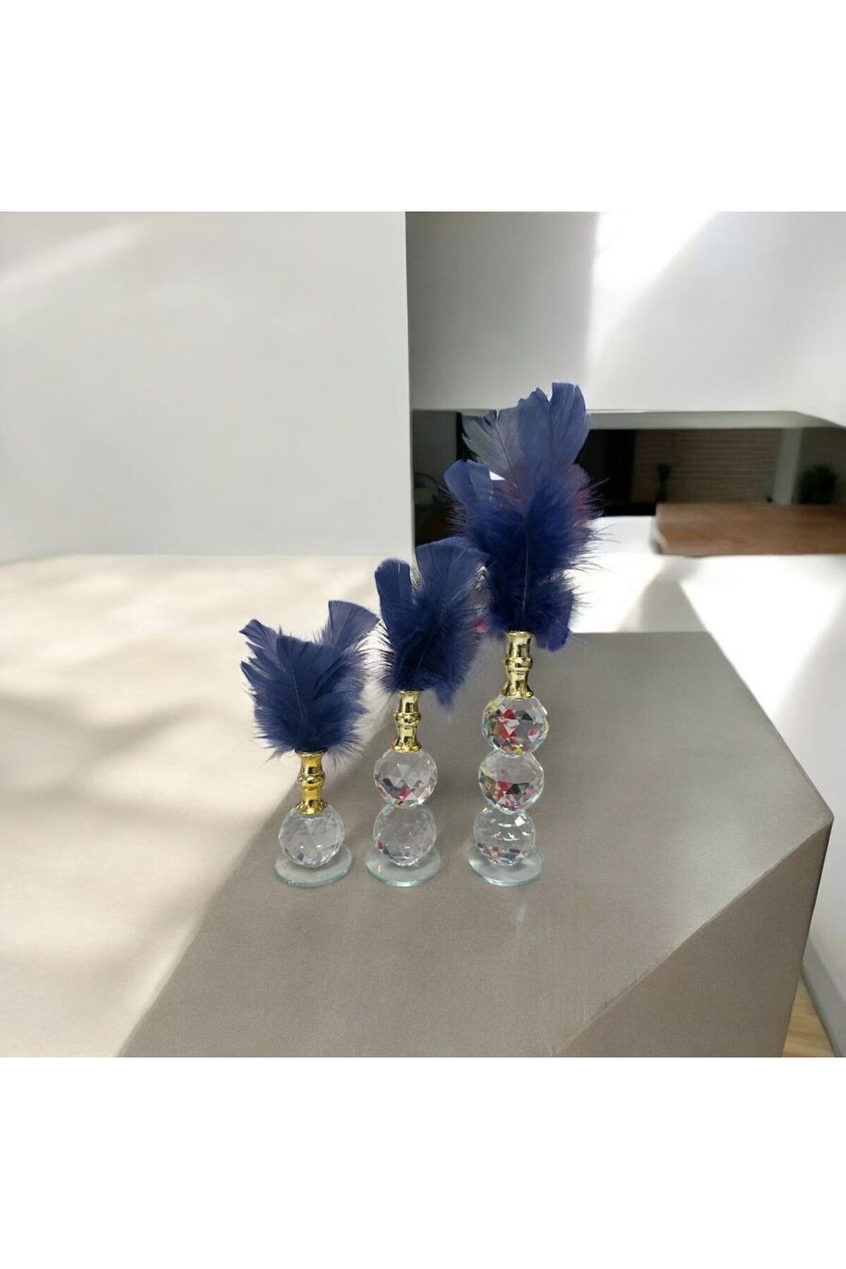 UYT LİFE 3'lü Lacivert Tüylü Gold Kristal Top Tüylük Dekor Biblo Süs Gold Detaylı