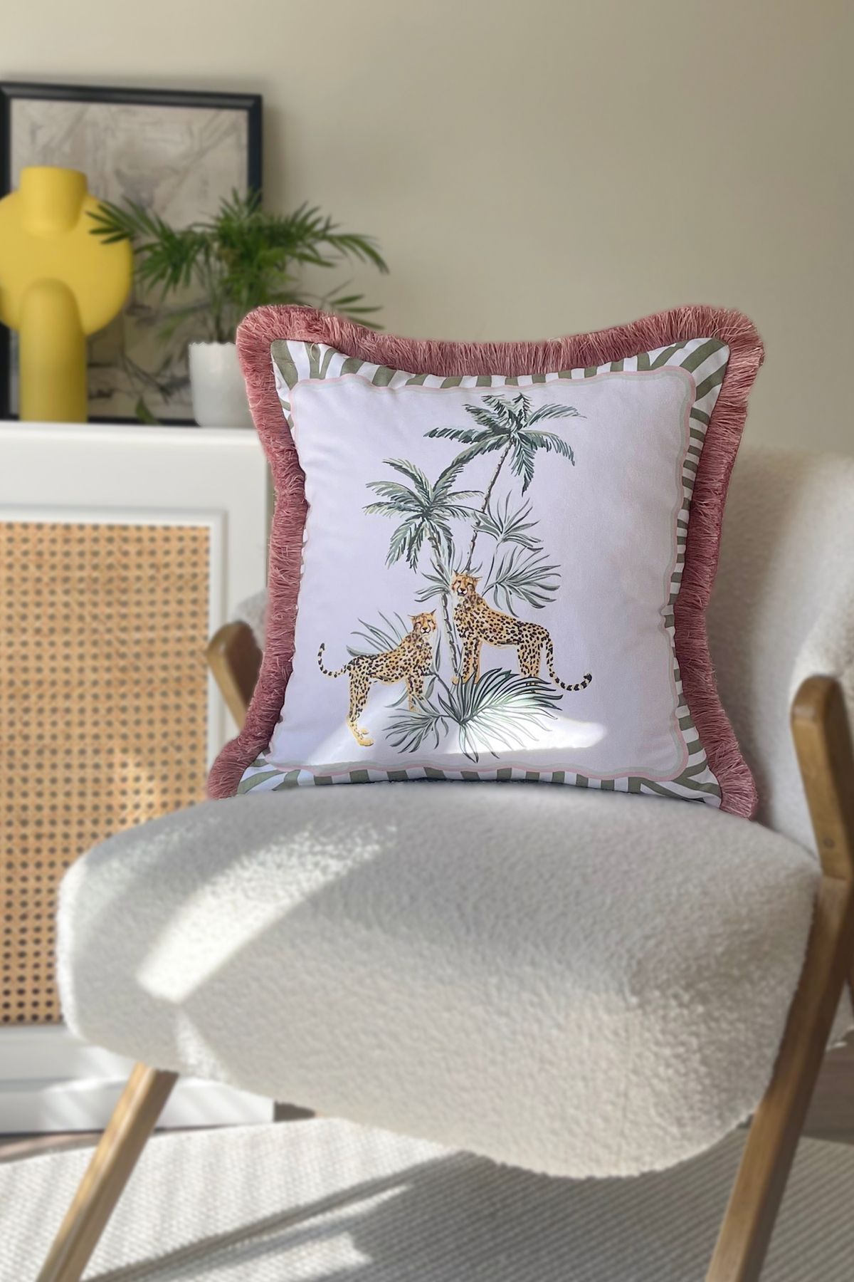 RİTMOHOME Leopar Desenli Püsküllü Vintage, Country, Iskandinav, Bohem 50x50 Dekoratif Yastık(İÇİ DOLGULU)