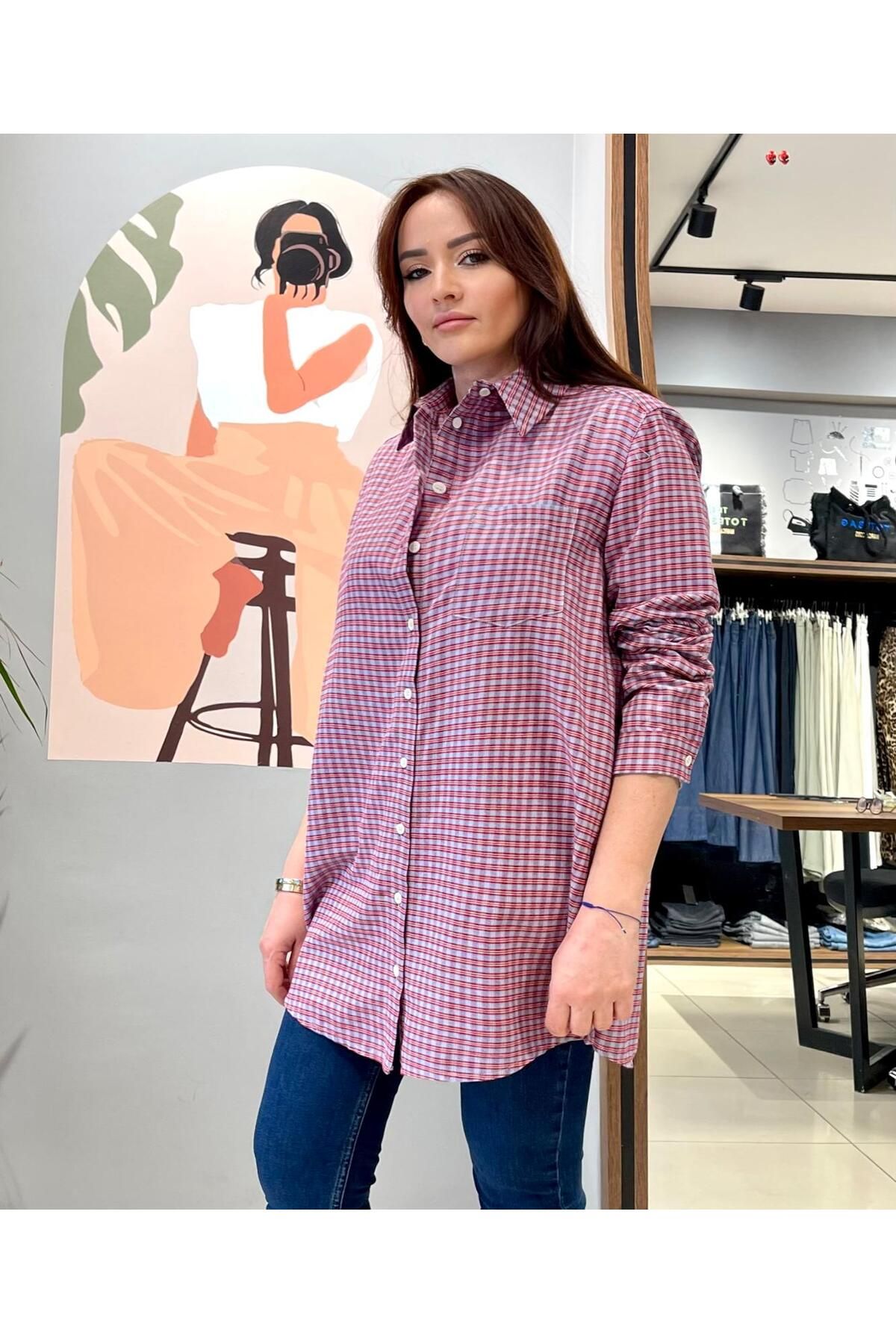 ARZU ÖZEL MODA ATÖLYESİ Oversize Geniş kesim %100 Pamuk Kadın Kırmızı Piti Kare Tunik Gömlek.