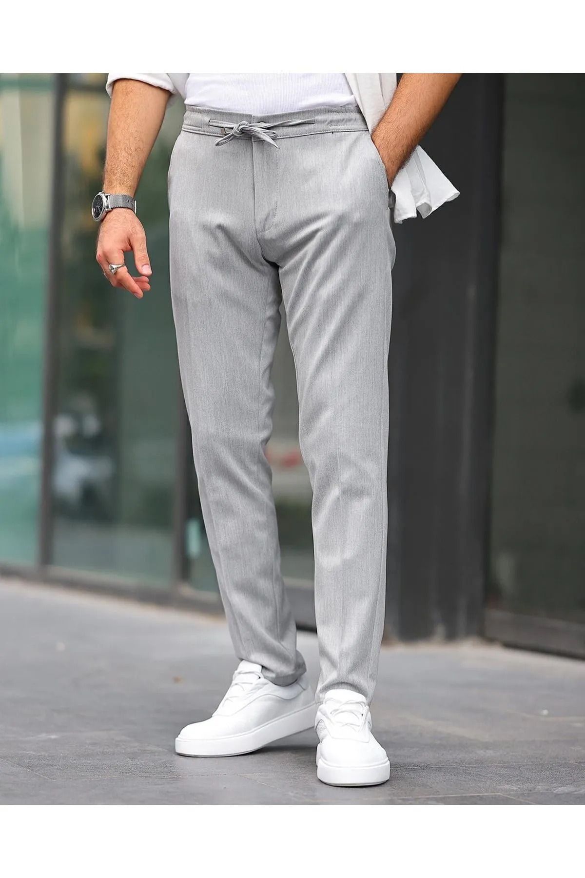 ÖNDER MODA Erkek Açık Gri Renk Kaliteli Esnek Likralı Bilek Boy Kumaş Pantolon