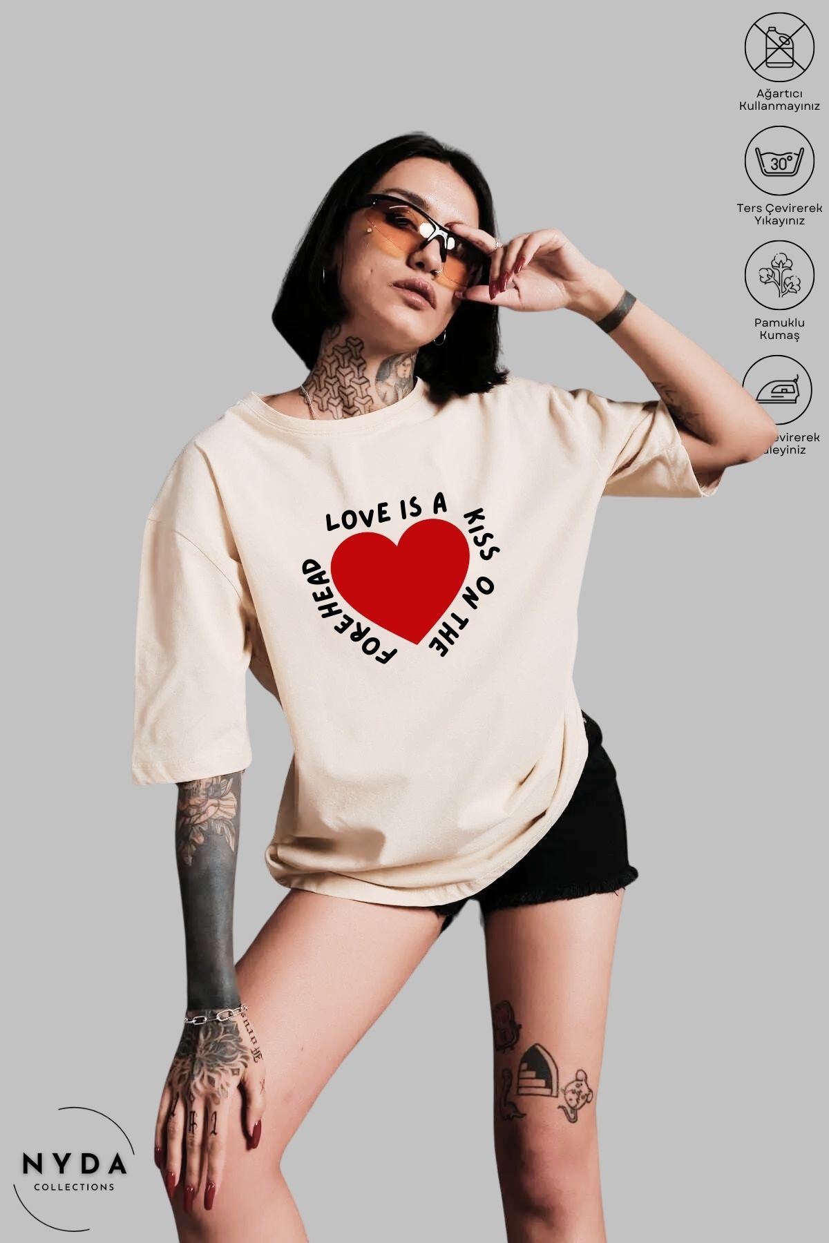 Nyda Collections Kadın Bisiklet Yaka Kalp Love Baskılı Pamuk Oversize Kısa Kollu Tişört